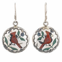 Red Bird Circular Dangly USA Native American Made 925 Sterling Silver Earrings with French Hook Backing Main Image