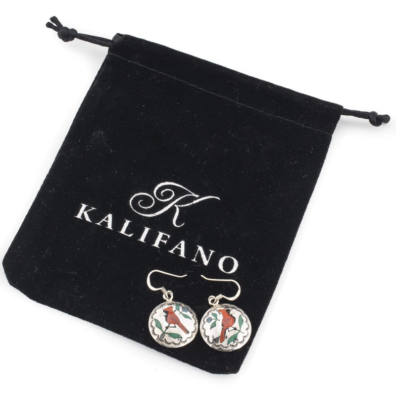 Kalifano Native American Jewelry Red Bird Circular Dangly USA Native American Made 925 Sterling Silver Earrings with French Hook Backing NAE400.013