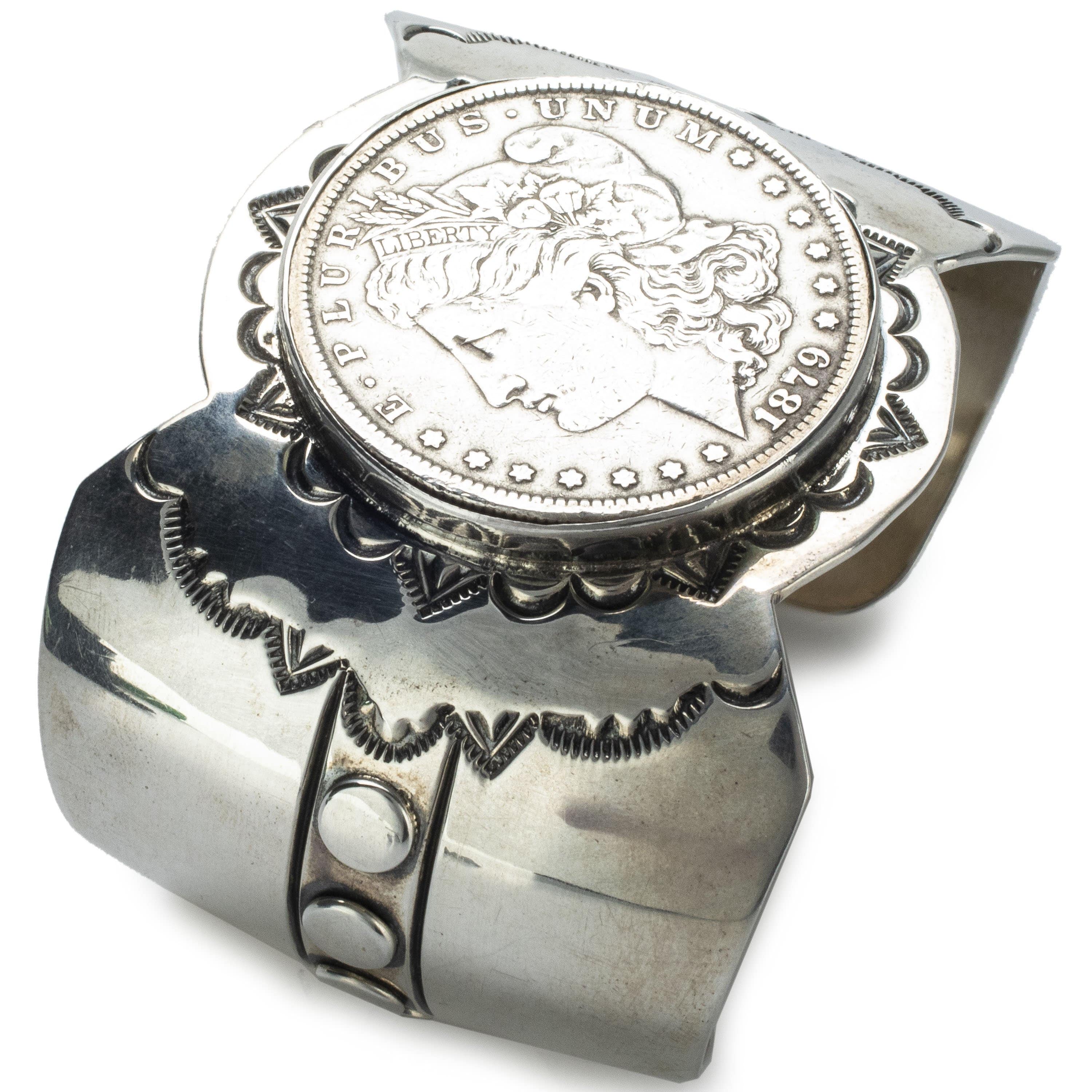 Kalifano Native American Jewelry Ronald Tom Navajo Coin USA Native American Made 925 Sterling Silver Cuff NAB2900.008