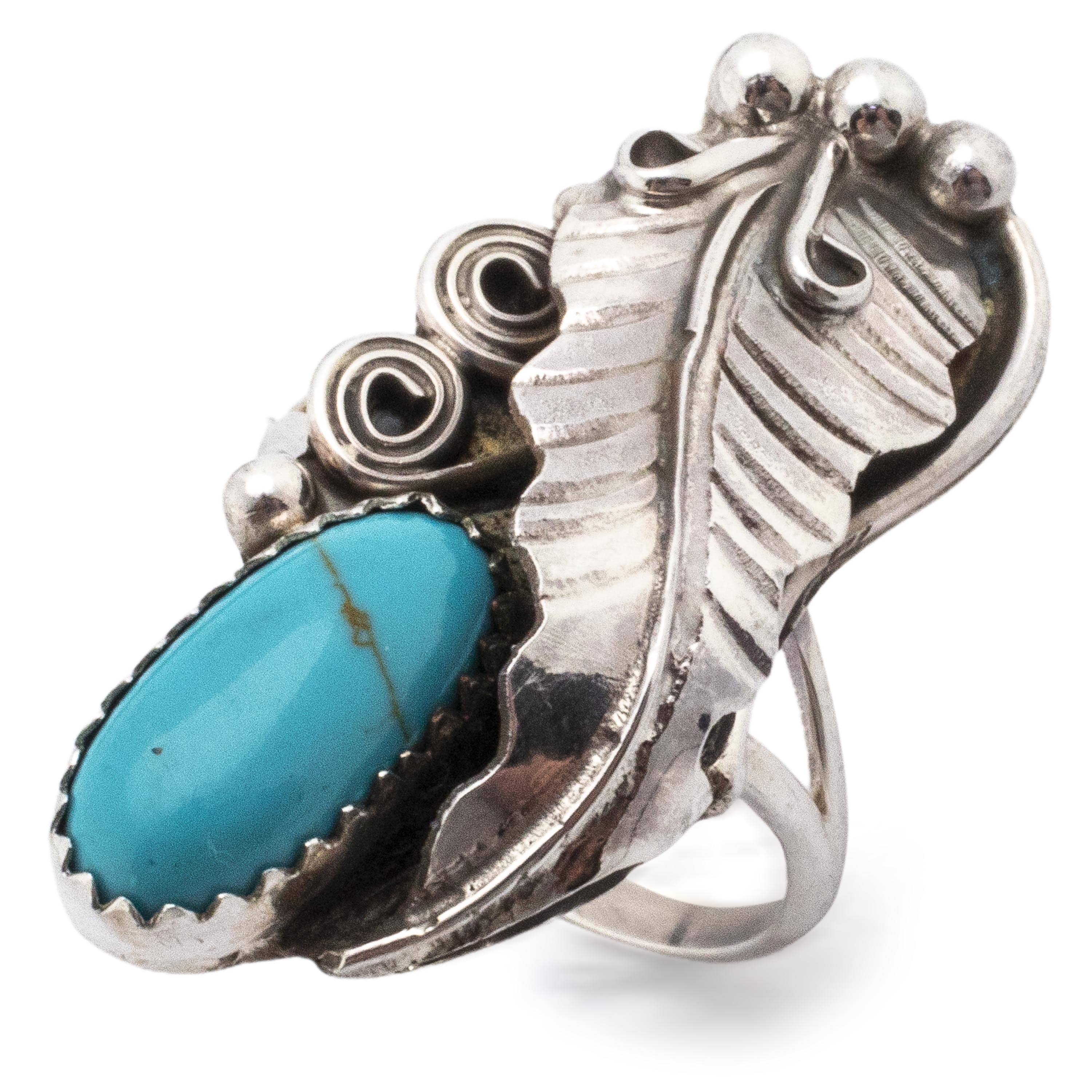 Kalifano Native American Jewelry Ronnie Martinez Navajo Turquoise with Feather USA Native American Made 925 Sterling Silver Ring