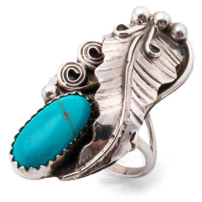 Kalifano Native American Jewelry Ronnie Martinez Navajo Turquoise with Feather USA Native American Made 925 Sterling Silver Ring