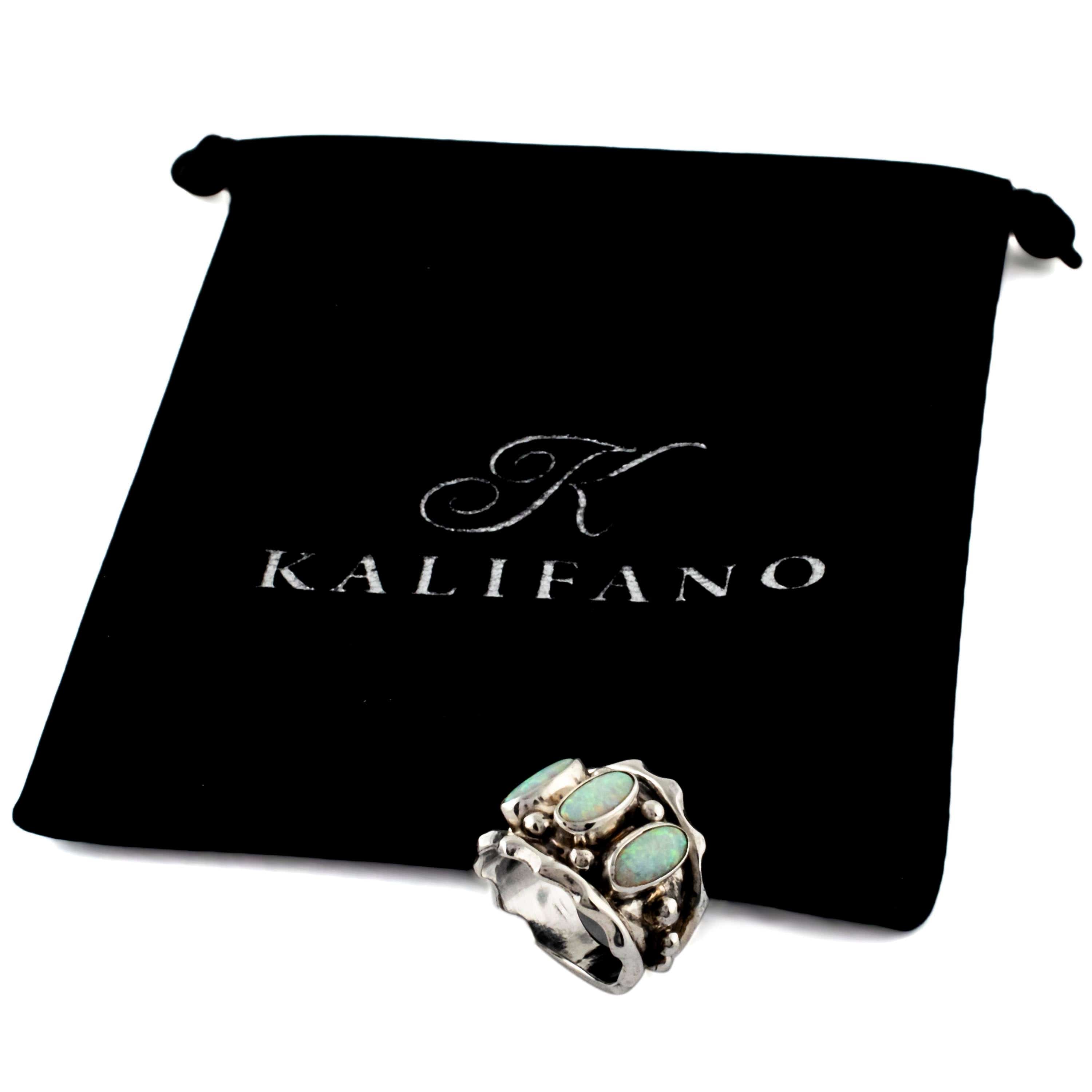 Kalifano Native American Jewelry Running Bear Triple White Opal USA Native American Made 925 Sterling Silver Ring