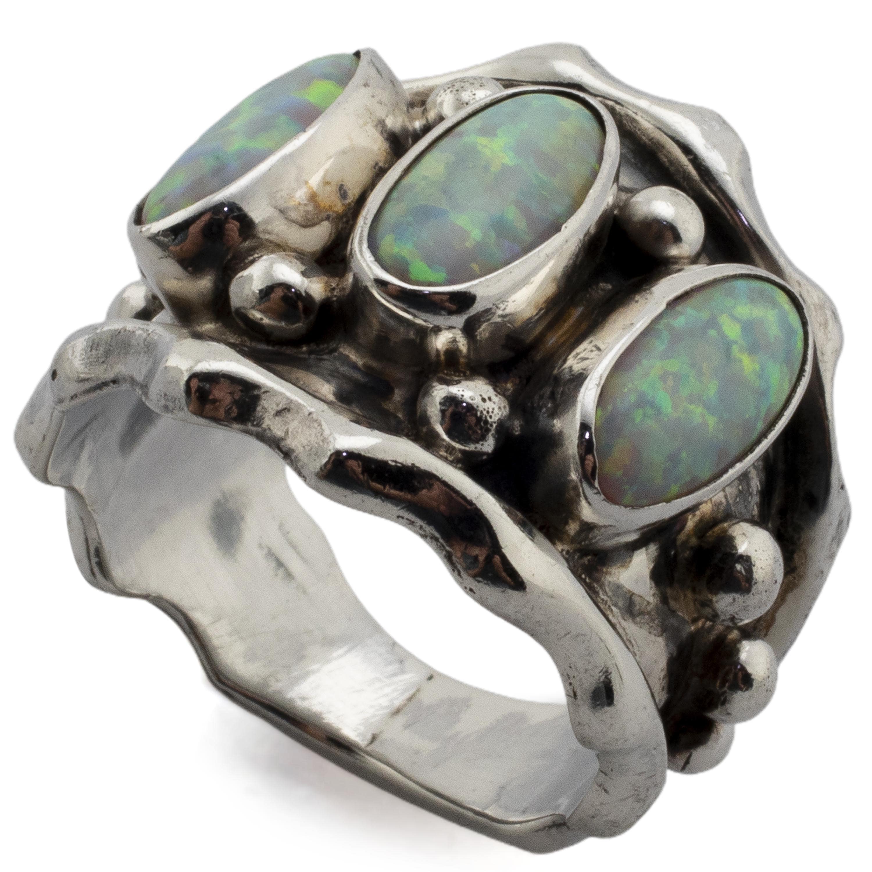 Kalifano Native American Jewelry Running Bear Triple White Opal USA Native American Made 925 Sterling Silver Ring