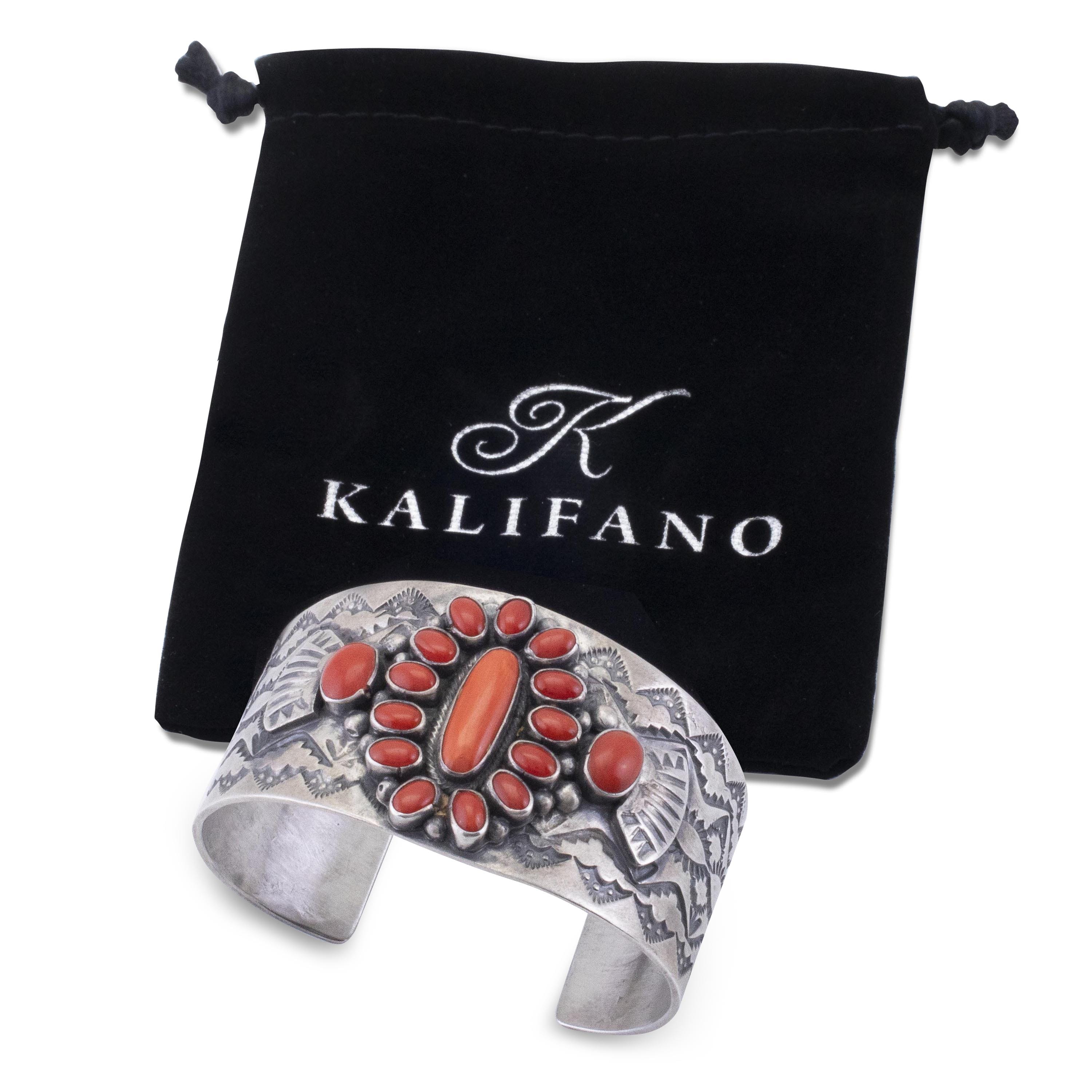 Kalifano Native American Jewelry Sheila Tso Navajo Coral USA Native American Made 925 Sterling Silver Cuff NAB4200.002