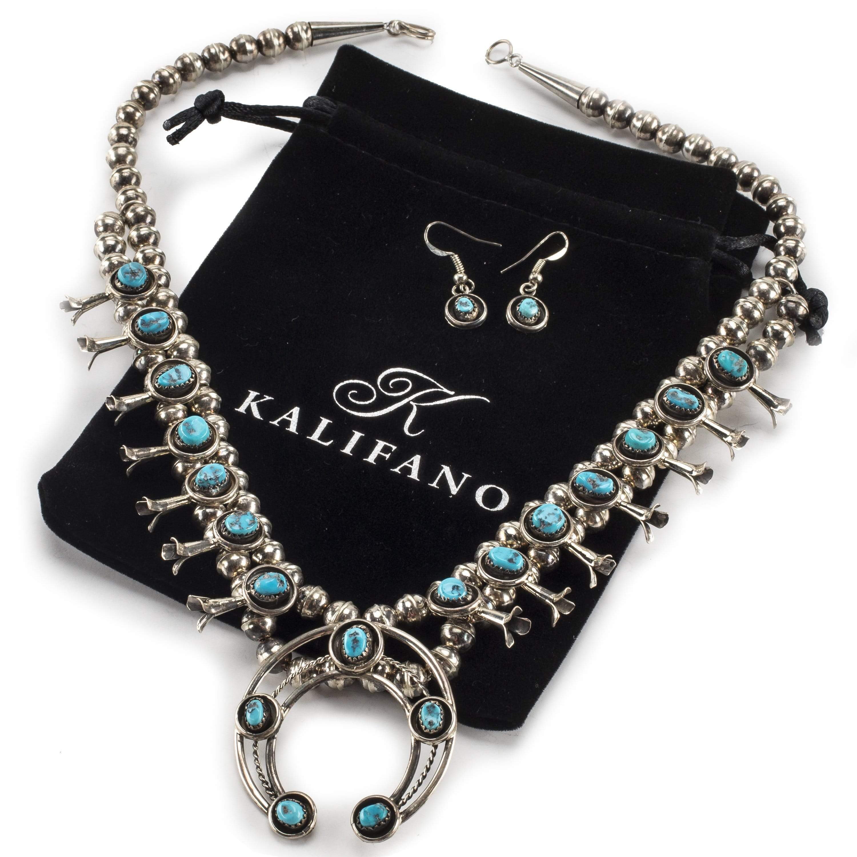 Kalifano Native American Jewelry Sleeping Beauty Turquoise Navajo Squash Blossom USA Native American Made 925 Sterling Silver Necklace and Earring w/ French Hook Set NAN2000.001