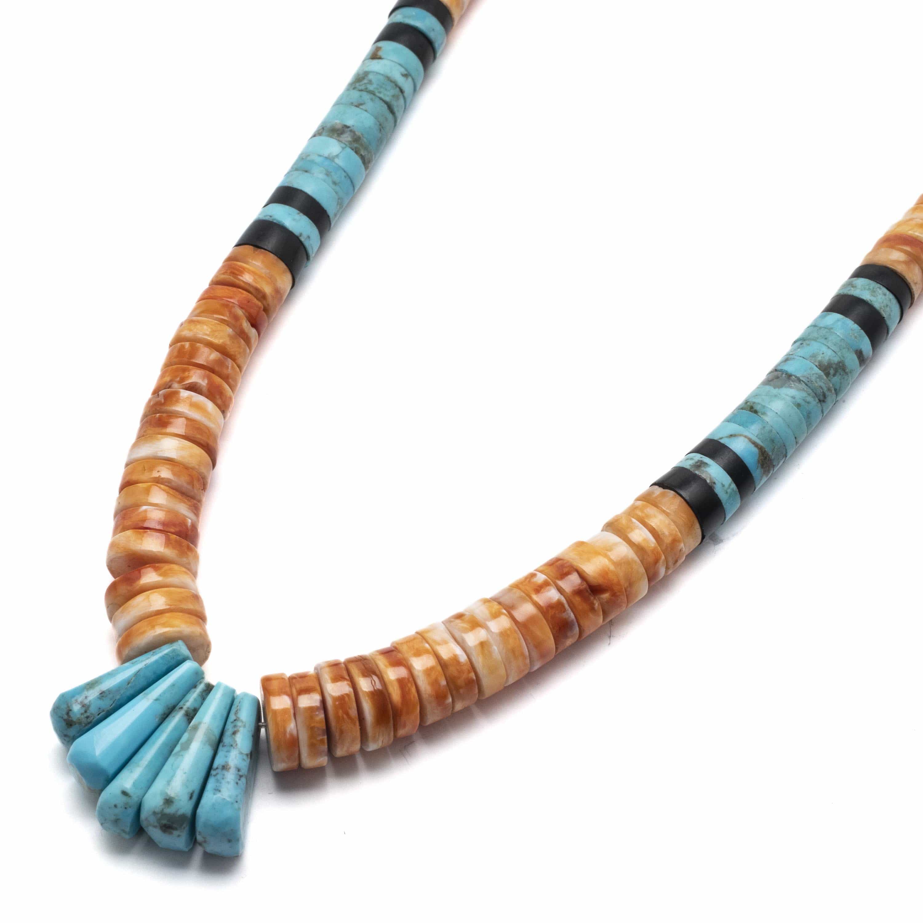Kalifano Native American Jewelry Spiny Oyster Shell Disc Necklace with Kingman Turquoise USA Native American Made 925 Sterling Silver Necklace NAN1800.013