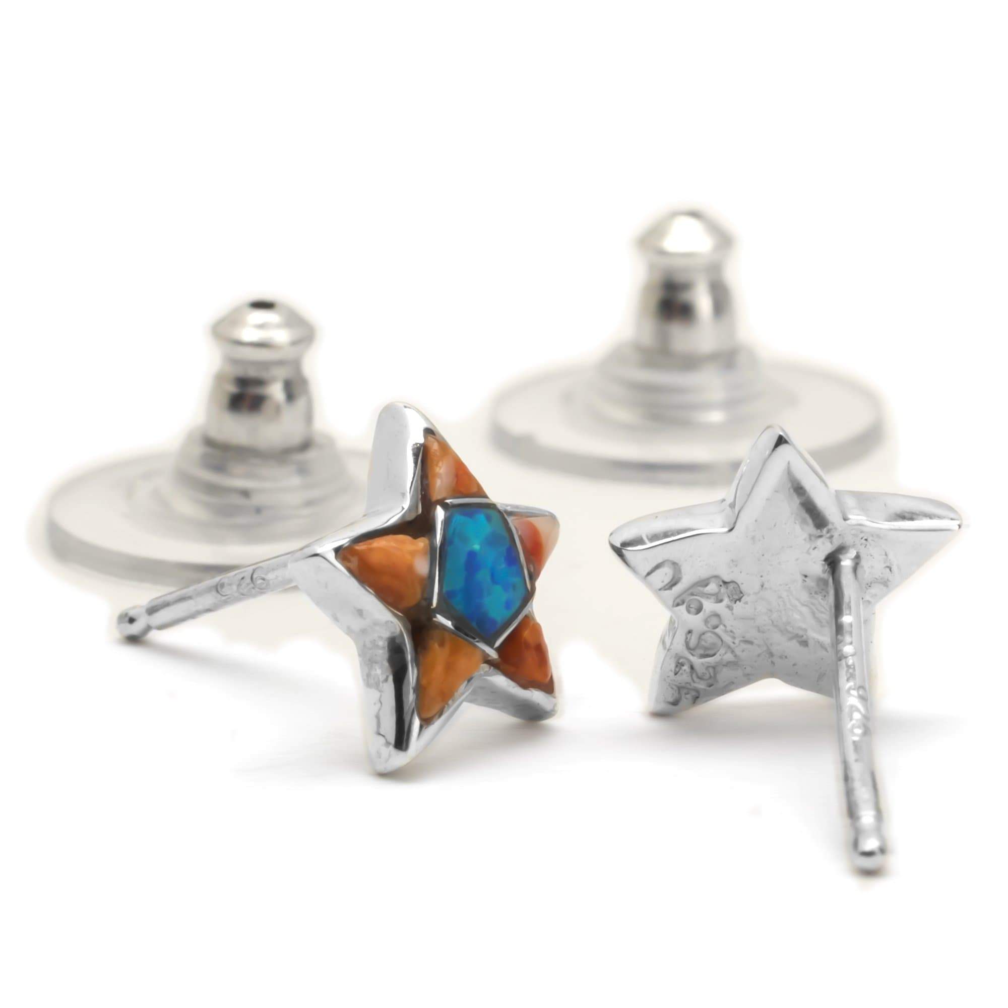 Kalifano Native American Jewelry Spiny Oyster Shell Star 925 Sterling Silver Earring with Stud Backing USA USA Handmade with Opal Accent NME.2243.SP
