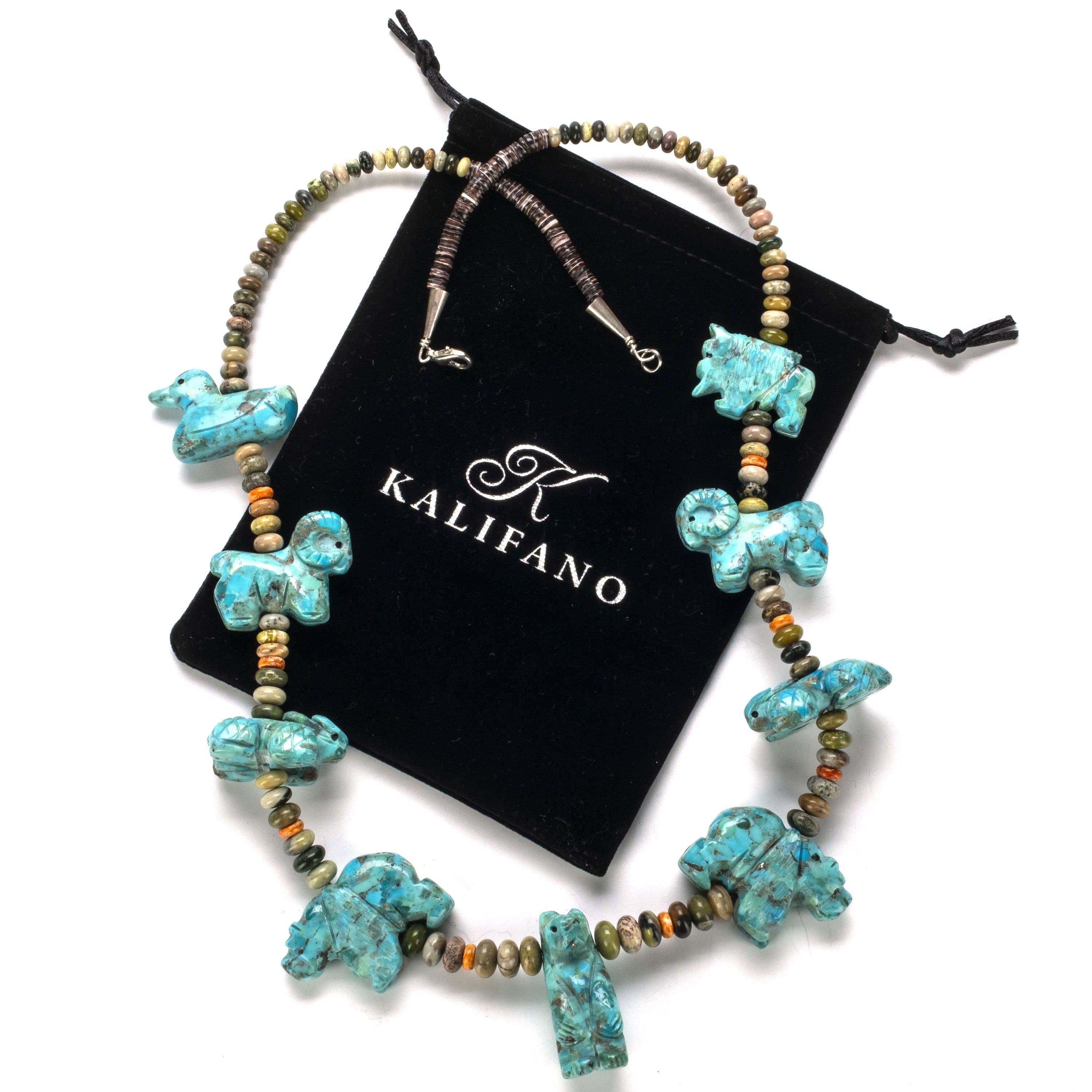 Kalifano Native American Jewelry Stacey Turpin Kingman Turquoise Fetish Carvings USA Native American Made 925 Sterling Silver Necklace NAN2100.001