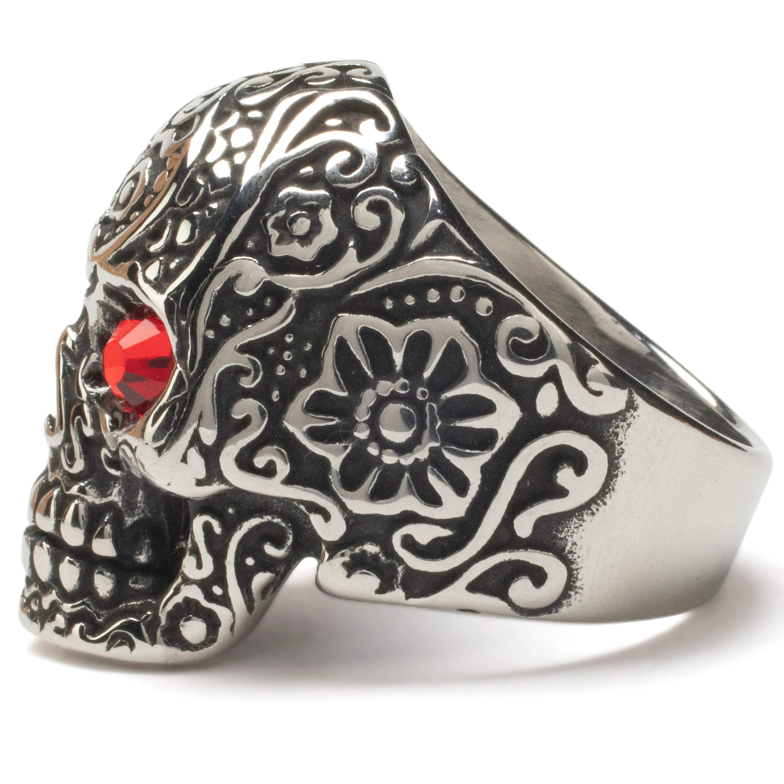 Kalifano Native American Jewelry Steel Hearts Ornate Skull with Red Gemstone Eyes Stainless Steel Ring