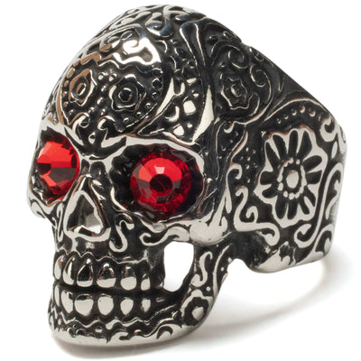 Kalifano Native American Jewelry Steel Hearts Ornate Skull with Red Gemstone Eyes Stainless Steel Ring