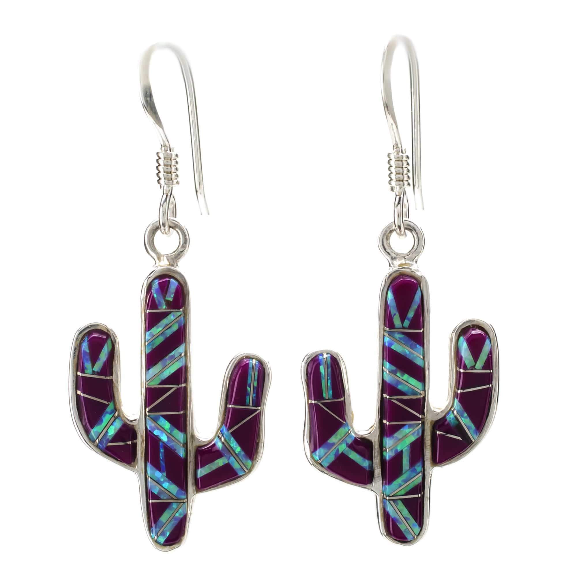 Kalifano Native American Jewelry Sugilite Cactus 925 Sterling Silver Earring with French Hook USA USA Handmade with Opal Accent NME.0602.SG