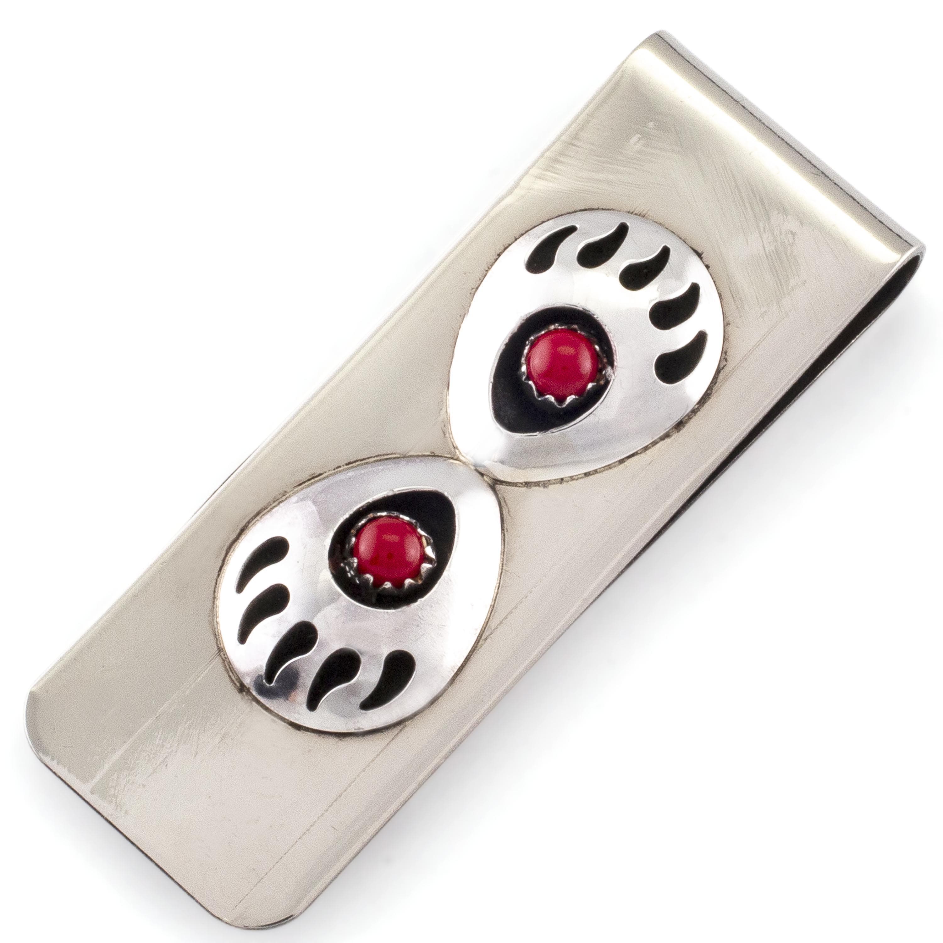 Kalifano Native American Jewelry Virginia Long Double Bear Paw wih Coral Inlay USA Native American Made 925 Sterling Silver Money Clip NAM90.002