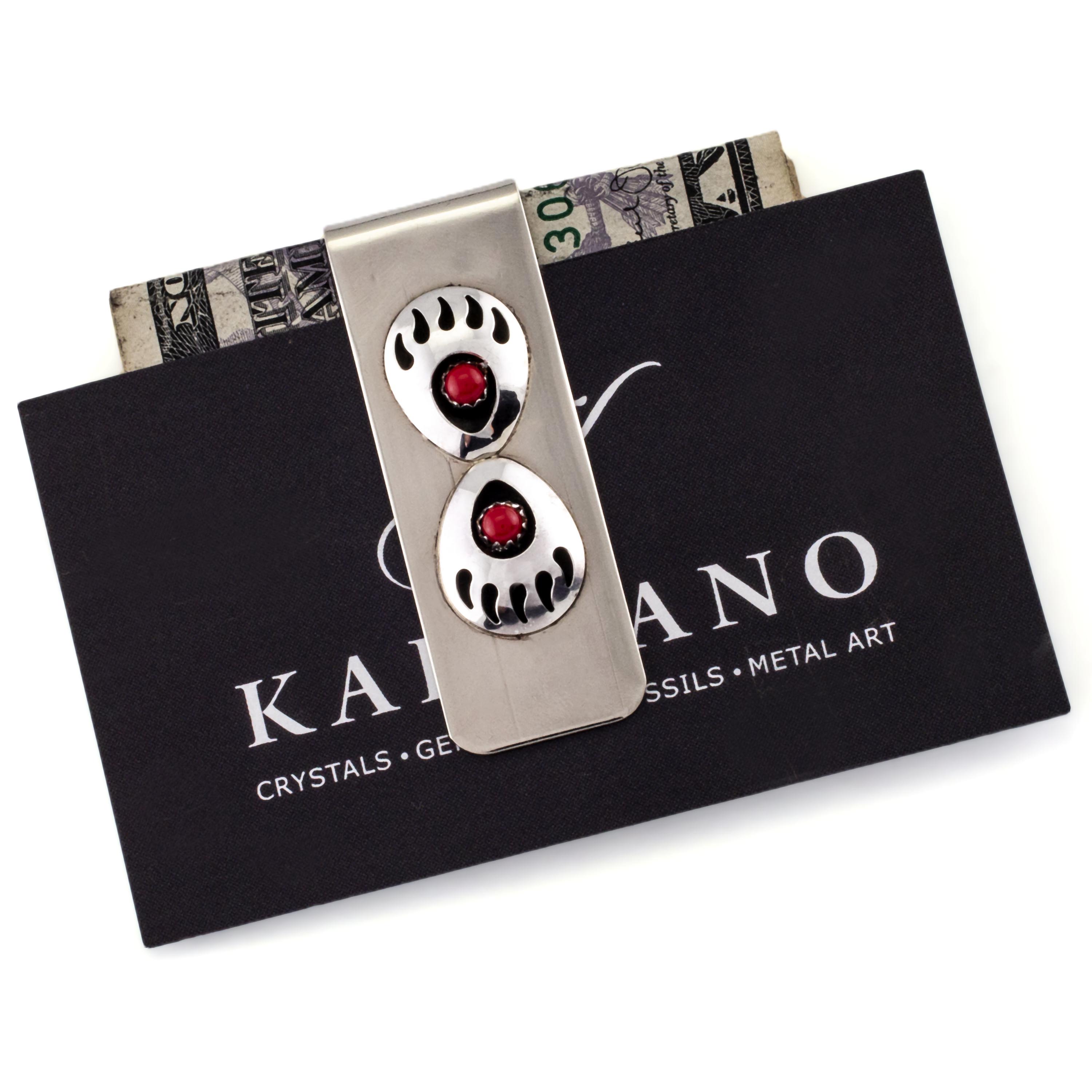 Kalifano Native American Jewelry Virginia Long Double Bear Paw wih Coral Inlay USA Native American Made 925 Sterling Silver Money Clip NAM90.002