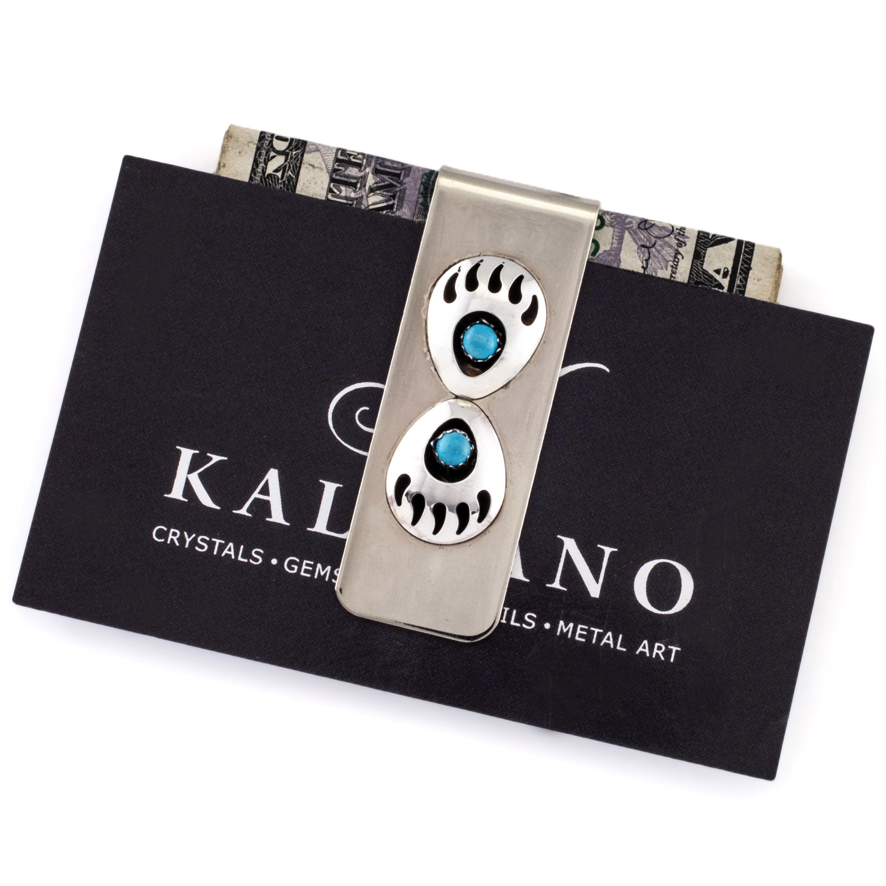 Kalifano Native American Jewelry Virginia Long Double Bear Paw wih Turquoise Inlay USA Native American Made 925 Sterling Silver Money Clip NAM90.003