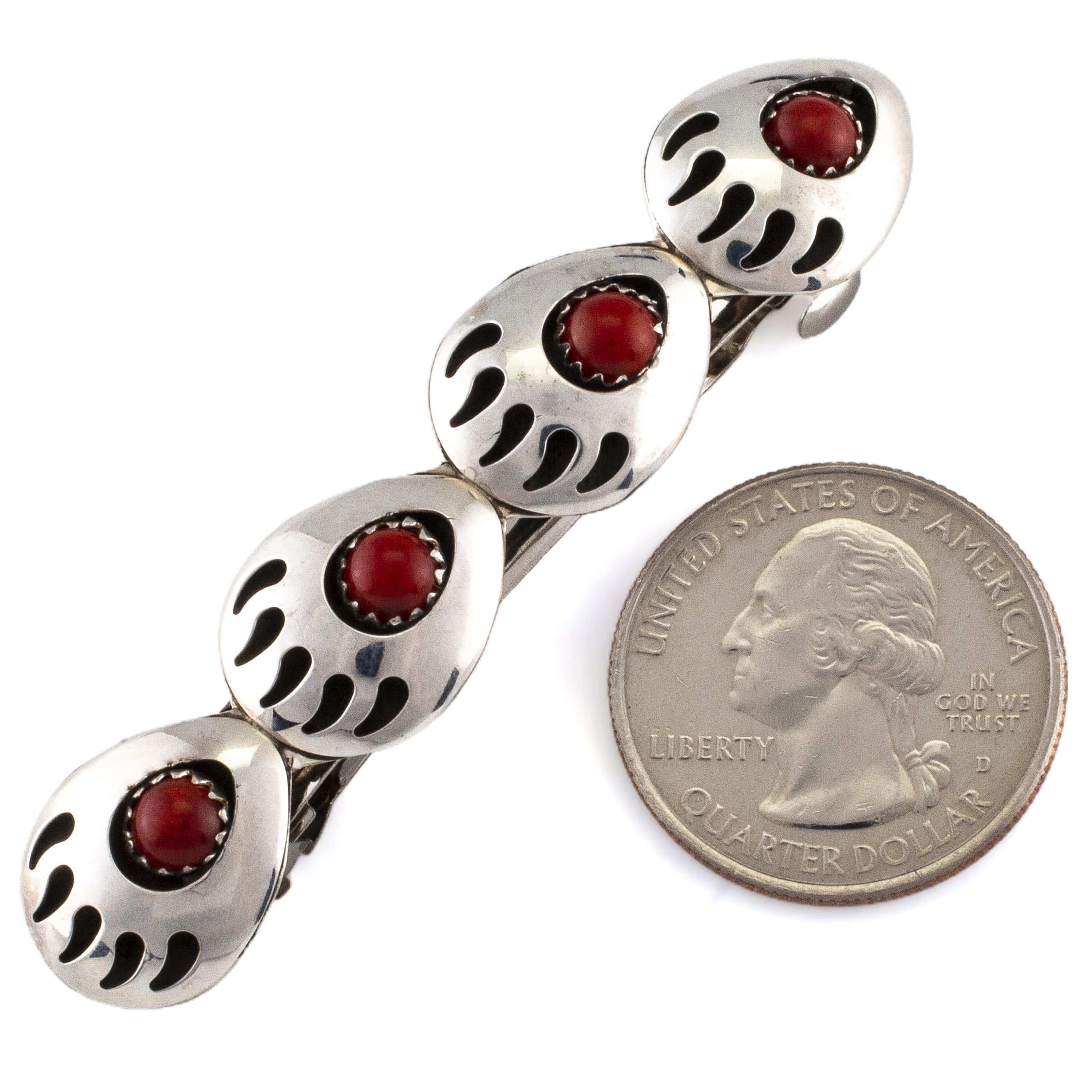 Kalifano Native American Jewelry Virginia Long Quadruple Bear Paw with Coral Inlay USA Native American Made 925 Sterling Silver Hair Barrette NAH160.002