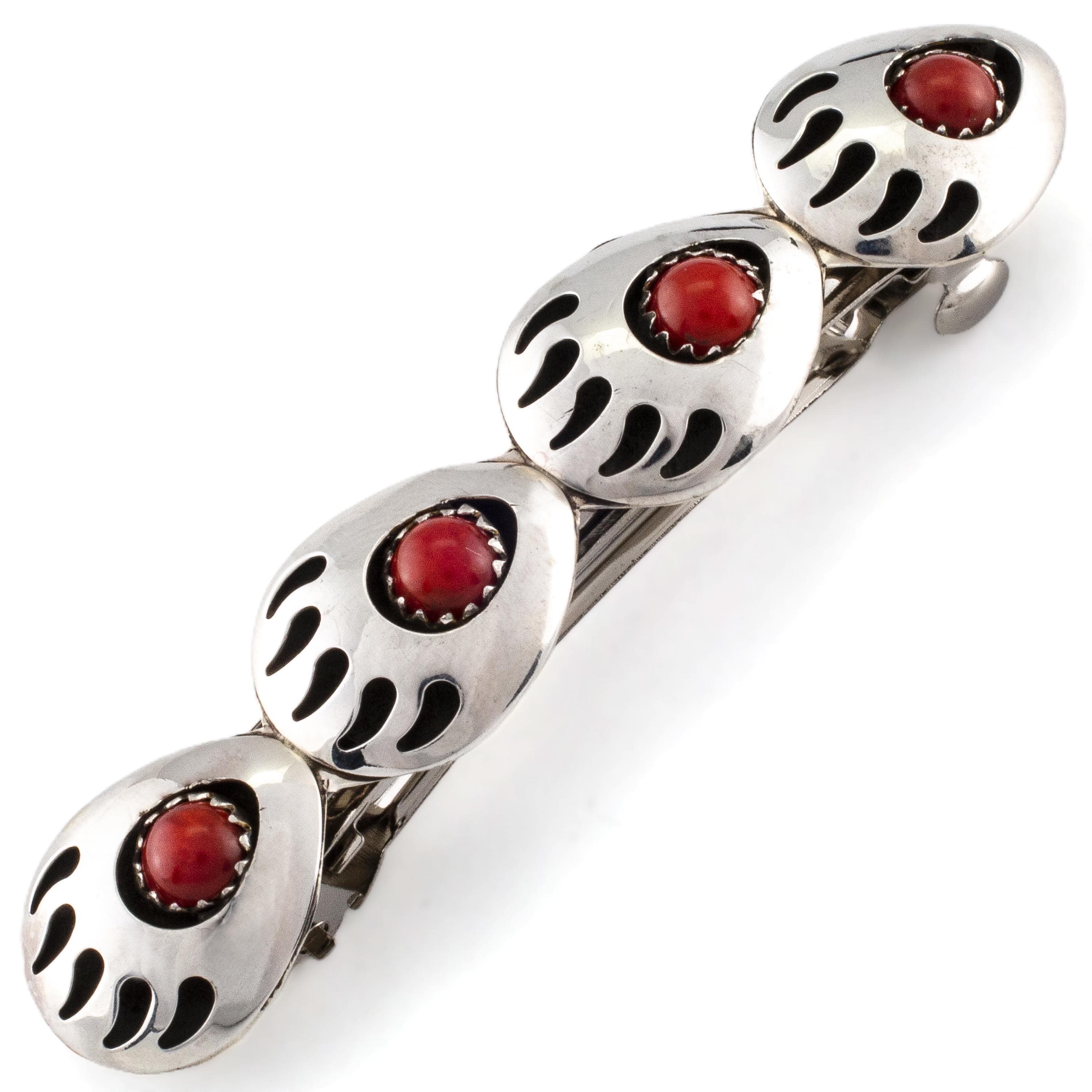 Kalifano Native American Jewelry Virginia Long Quadruple Bear Paw with Coral Inlay USA Native American Made 925 Sterling Silver Hair Barrette NAH160.002