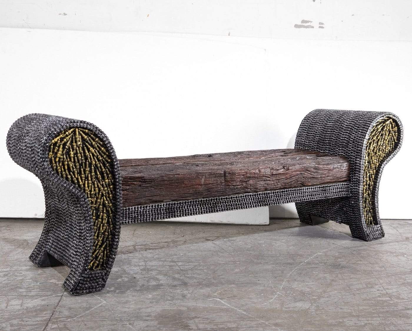 Petrified Wood Chain Bench Recycled Metal Art front right side view