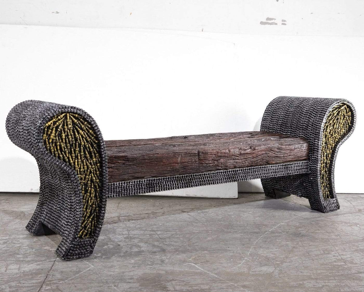 Petrified Wood Chain Bench with Recycled Metal Art