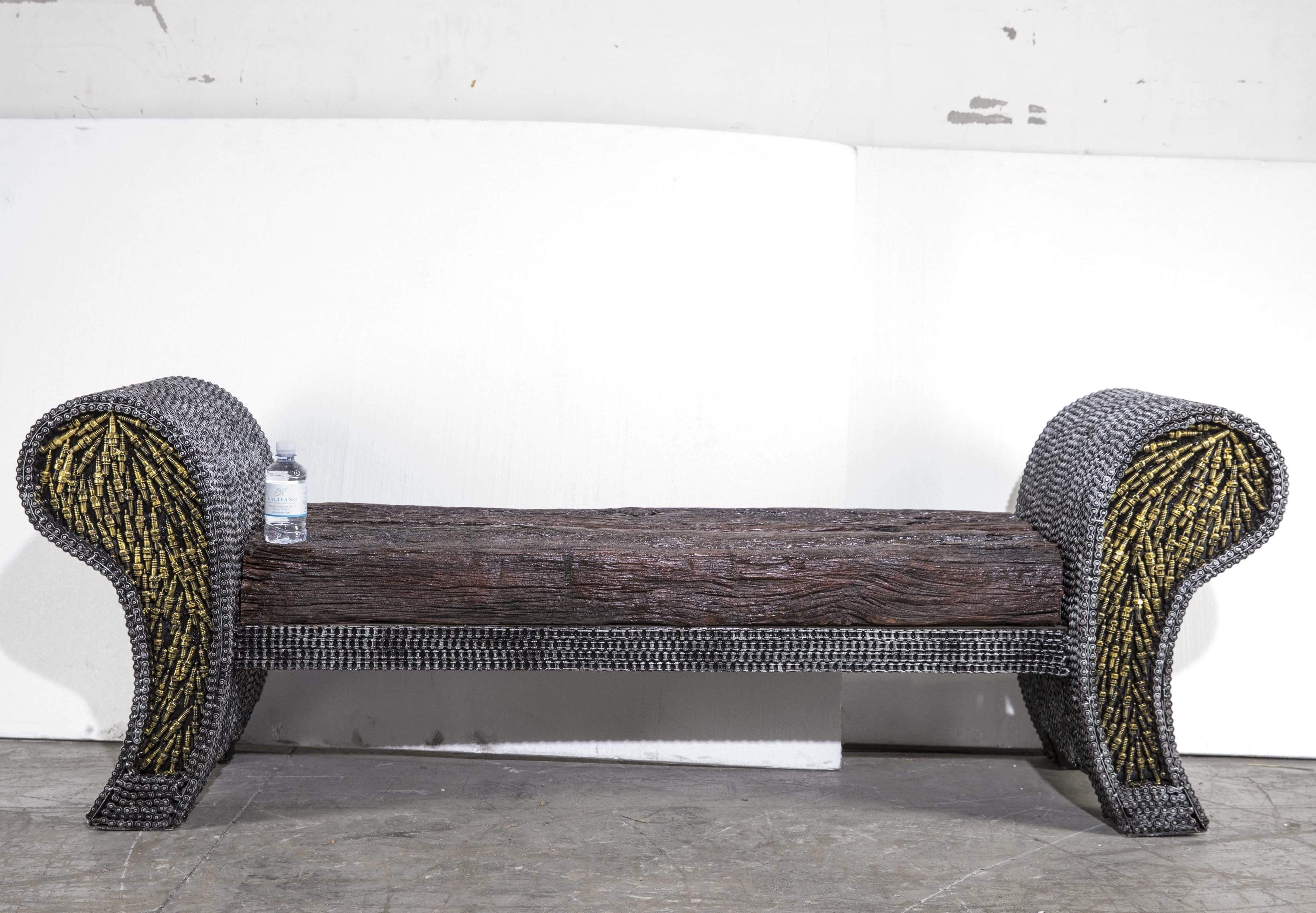 Petrified Wood Chain Bench Recycled Metal Art front view