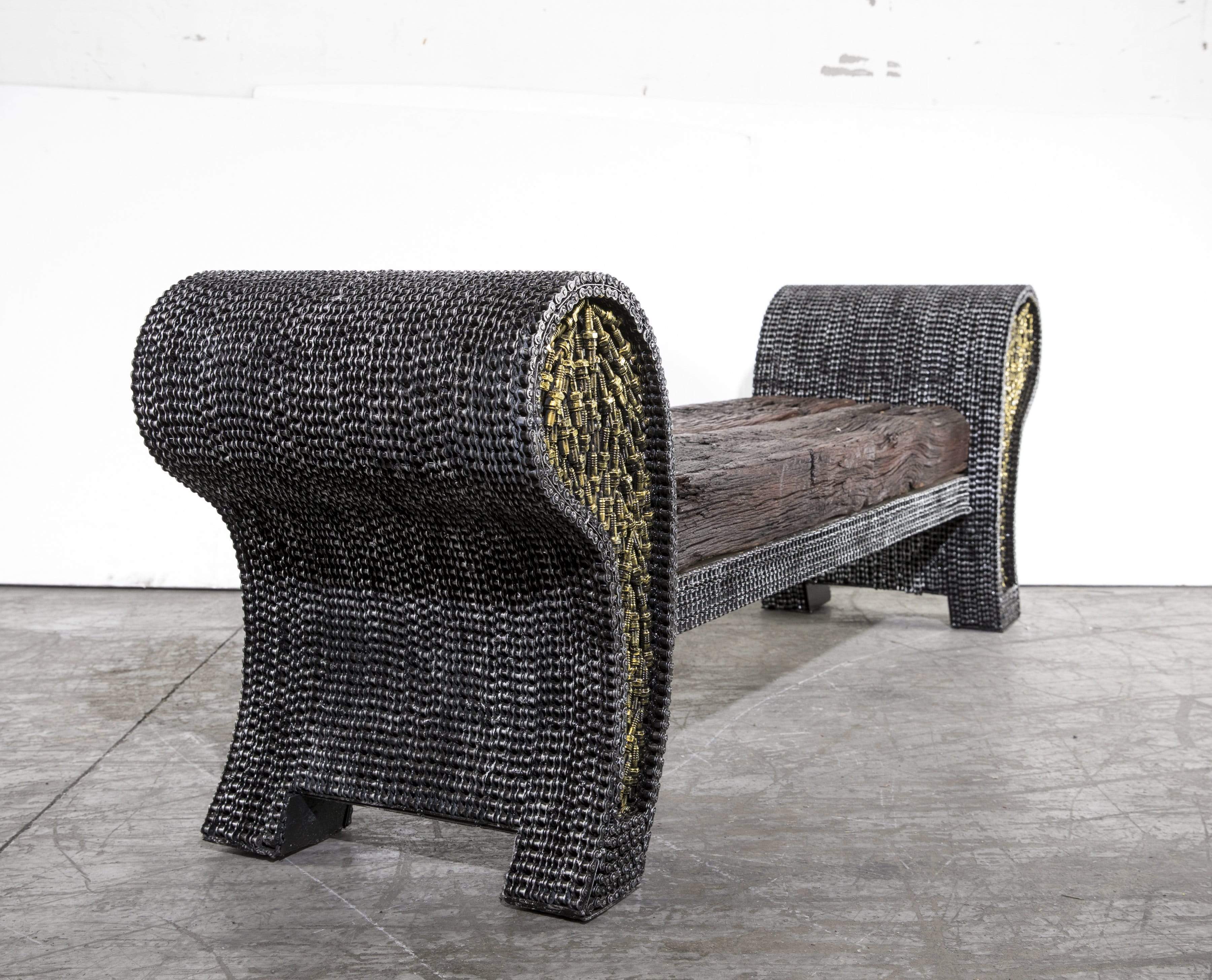 Petrified Wood Chain Bench Recycled Metal Art right side view