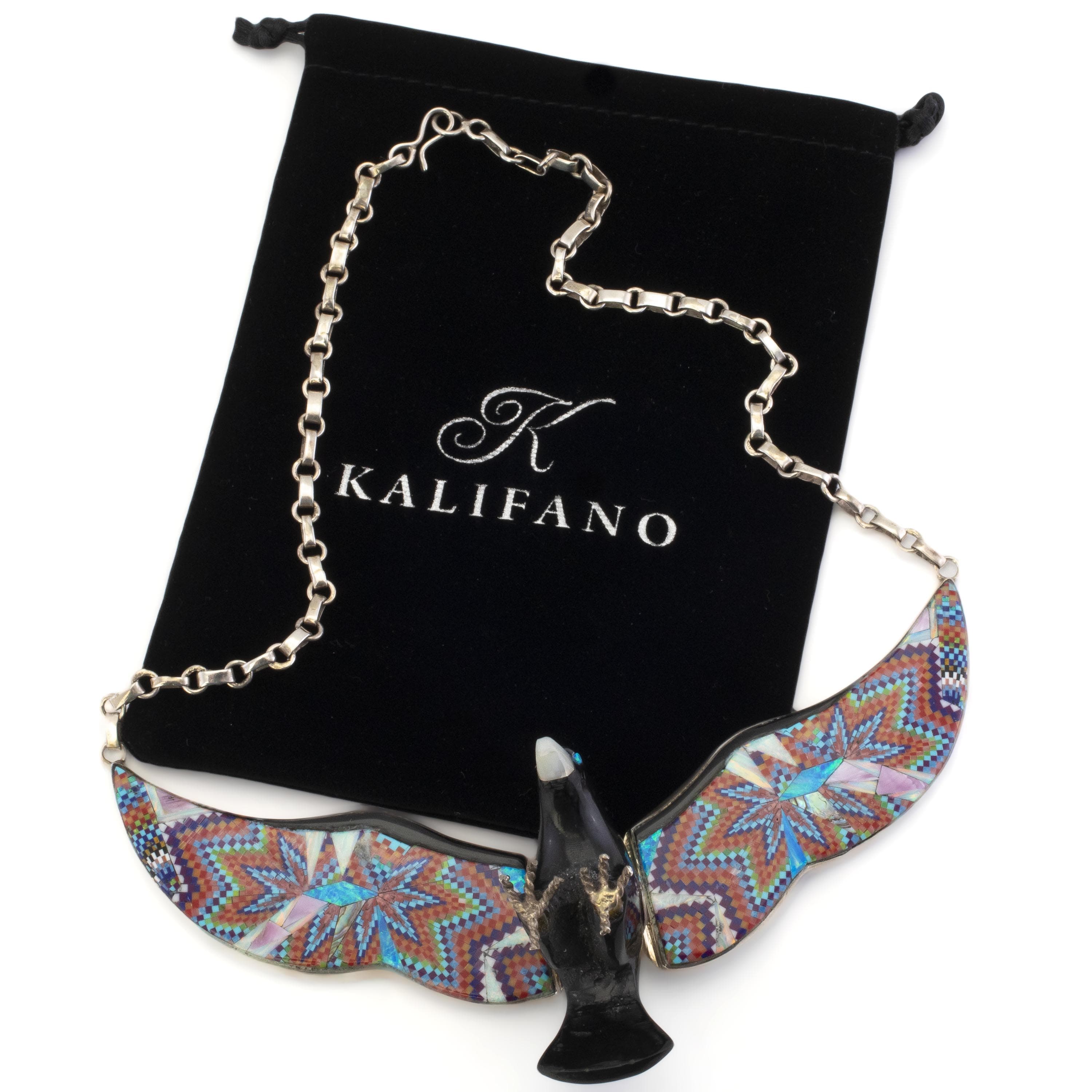 KALIFANO Southwest Silver Jewelry Black Jet Eagle with Multi Gem Opal Micro Inlay Wings Handmade 925 Sterling Silver Necklace AKN2400.001