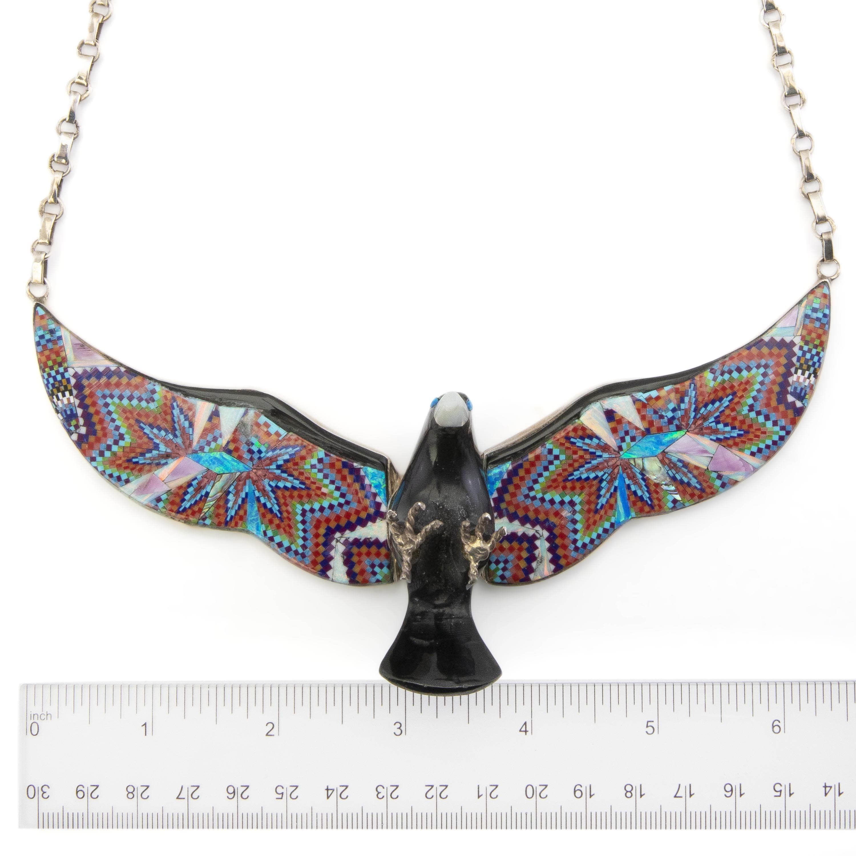 KALIFANO Southwest Silver Jewelry Black Jet Eagle with Multi Gem Opal Micro Inlay Wings Handmade 925 Sterling Silver Necklace AKN2400.001