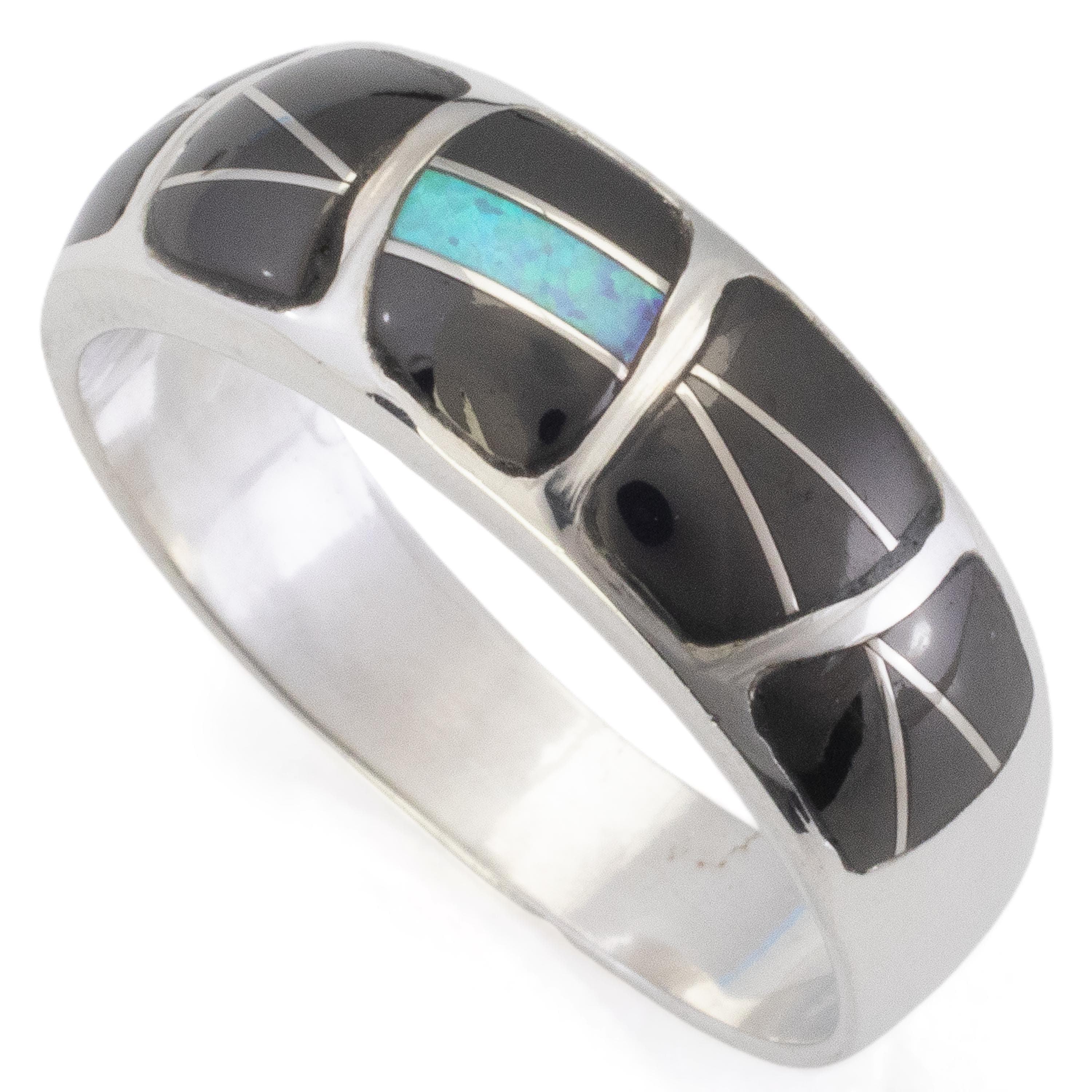 Kalifano Southwest Silver Jewelry Black Onyx 925 Sterling Silver Ring Handmade with Laboratory Opal Accent