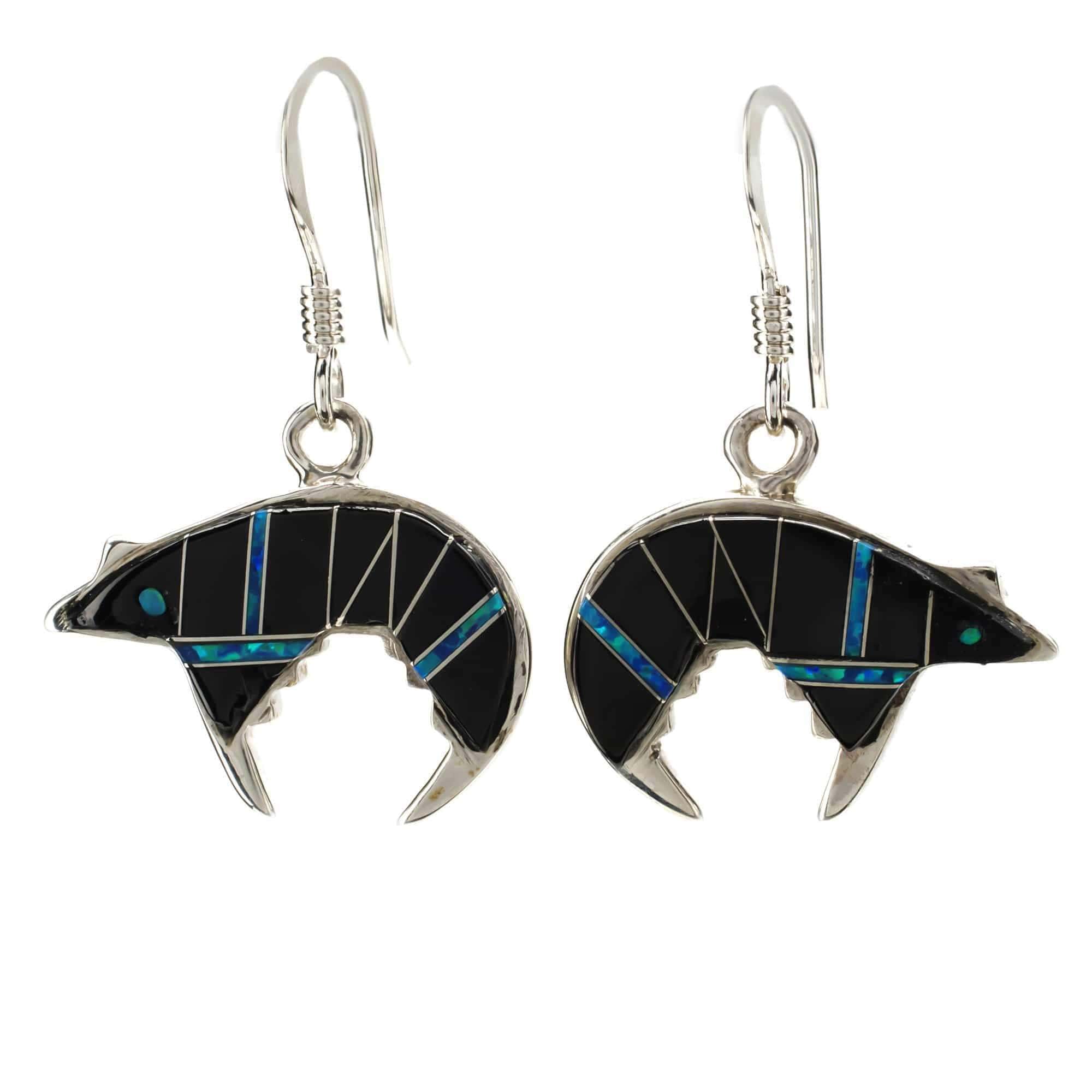Kalifano Southwest Silver Jewelry Black Onyx Bear 925 Sterling Silver Earring with French Hook USA Handmade with Aqua Opal Accent NME.0755.BO