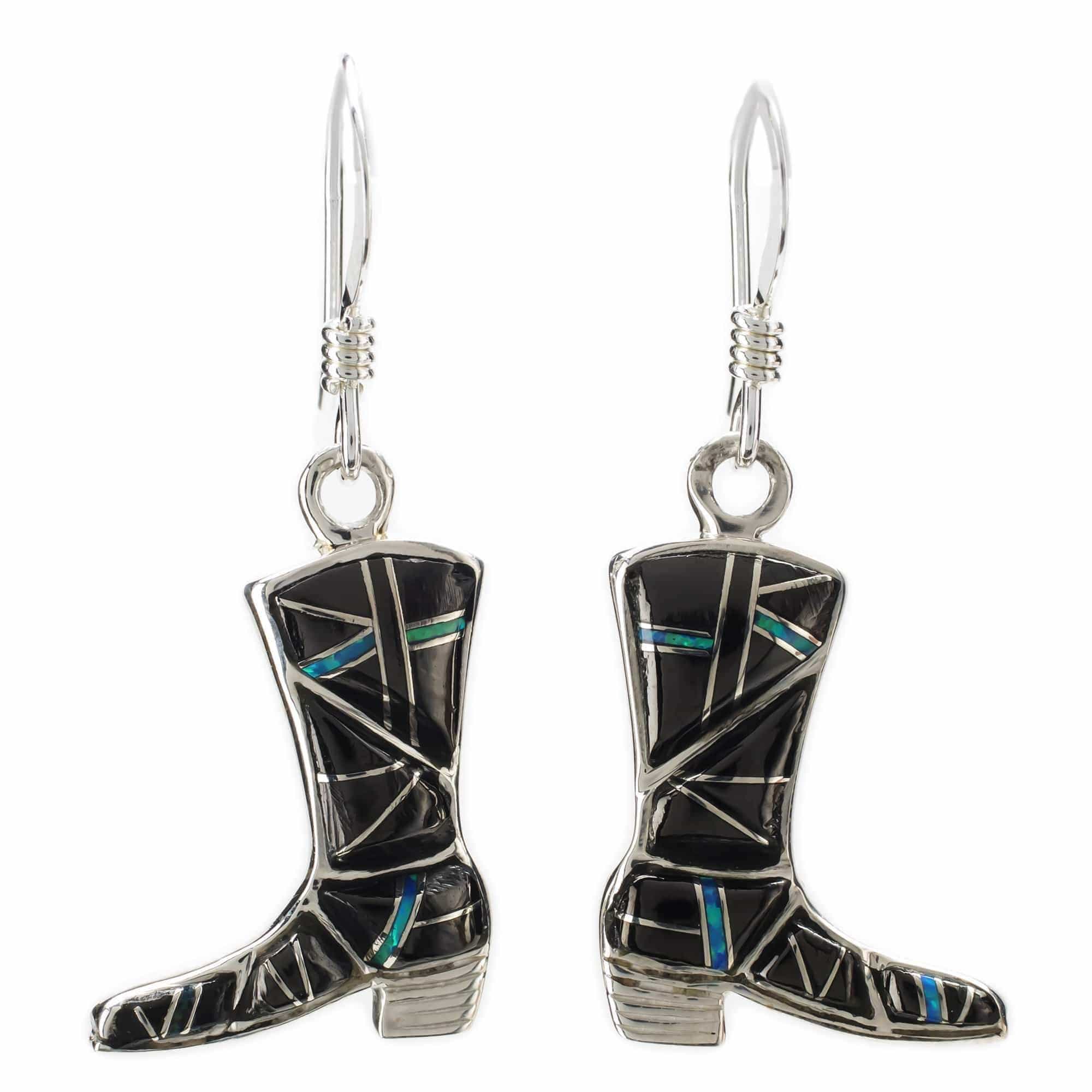 Kalifano Southwest Silver Jewelry Black Onyx Boot 925 Sterling Silver Earring with French Hook USA Handmade with Aqua Opal Accent NME.2297.BO