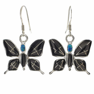 Kalifano Southwest Silver Jewelry Black Onyx Butterfly 925 Sterling Silver Earring with French Hook USA Handmade with Aqua Opal Accent NME.0889.BO