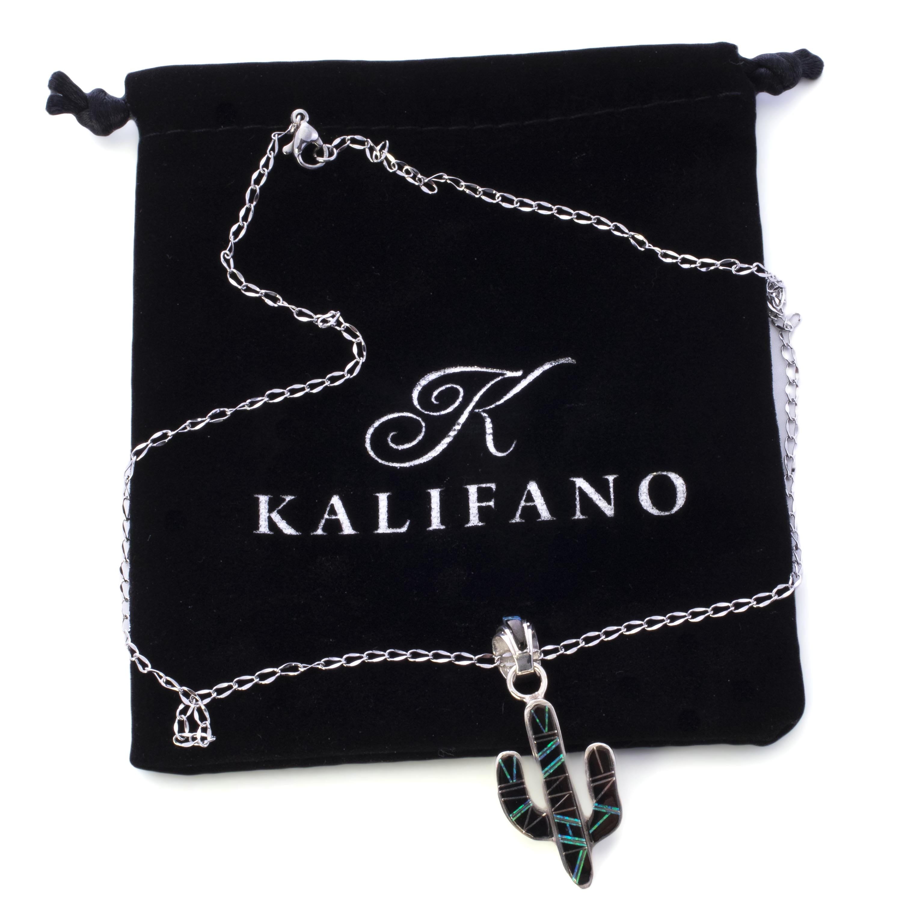 Kalifano Southwest Silver Jewelry Black Onyx Cactus 925 Sterling Silver Pendant USA Handmade with Opal Accent NMN.0602.BO