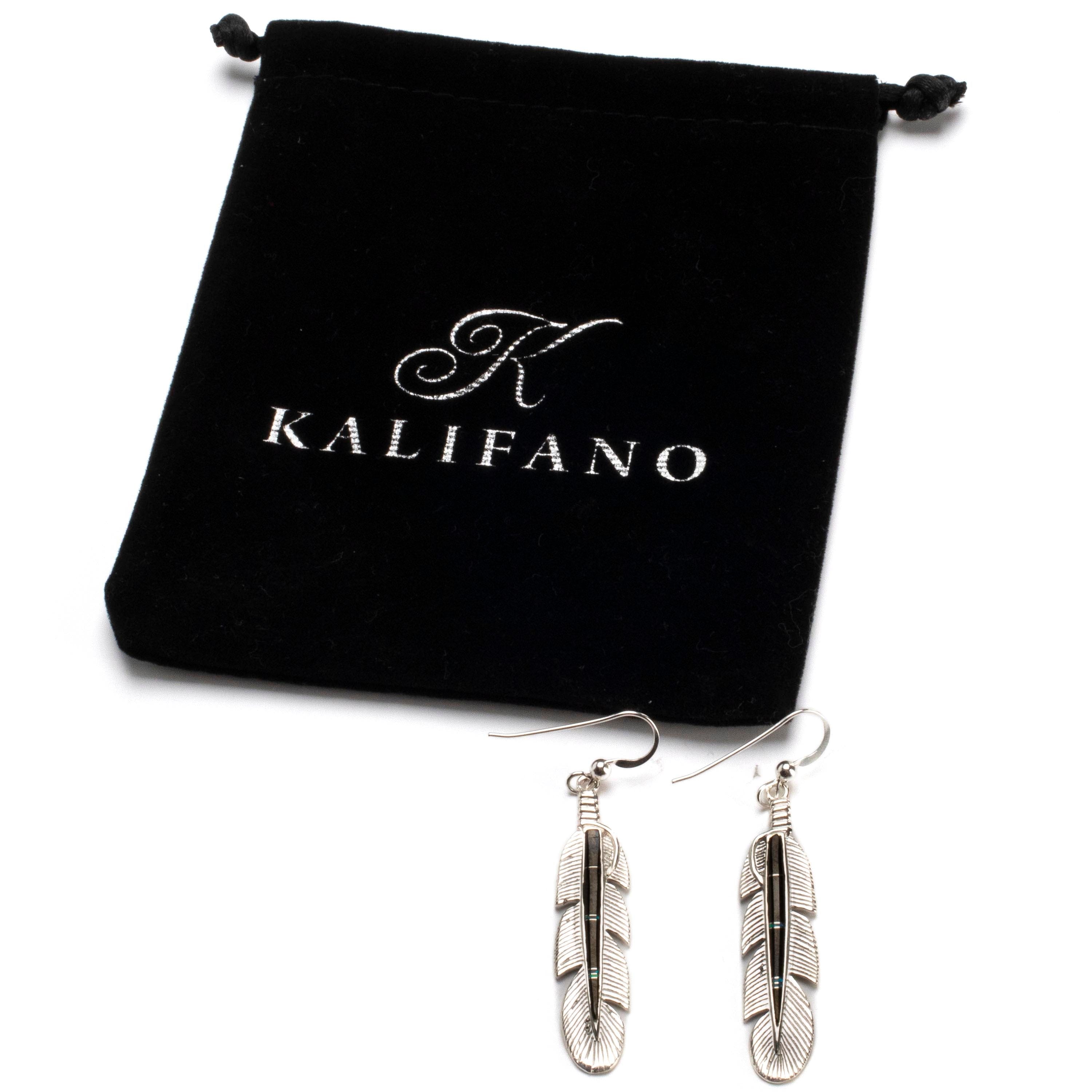 Kalifano Southwest Silver Jewelry Black Onyx Feather Earrings Handmade with Sterling Silver and Opal Accent NME.0741.BO