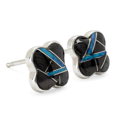Kalifano Southwest Silver Jewelry Black Onyx Flower 925 Sterling Silver Earring with Stud Backing USA Handmade with Aqua Opal Accent NME.2269.BO