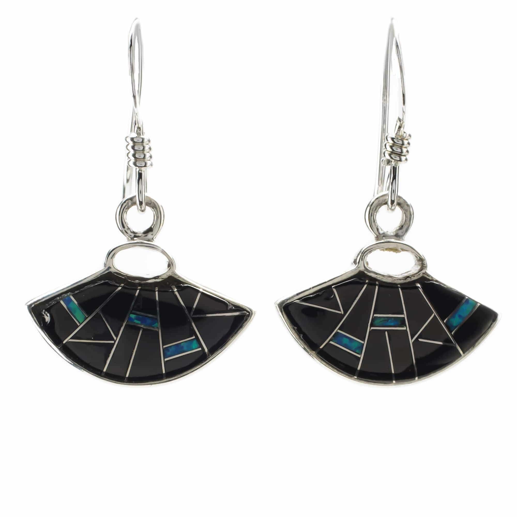 Kalifano Southwest Silver Jewelry Black Onyx Half Circle 925 Sterling Silver Earring with French Hook USA Handmade with Aqua Opal Accent NME.2291.BO