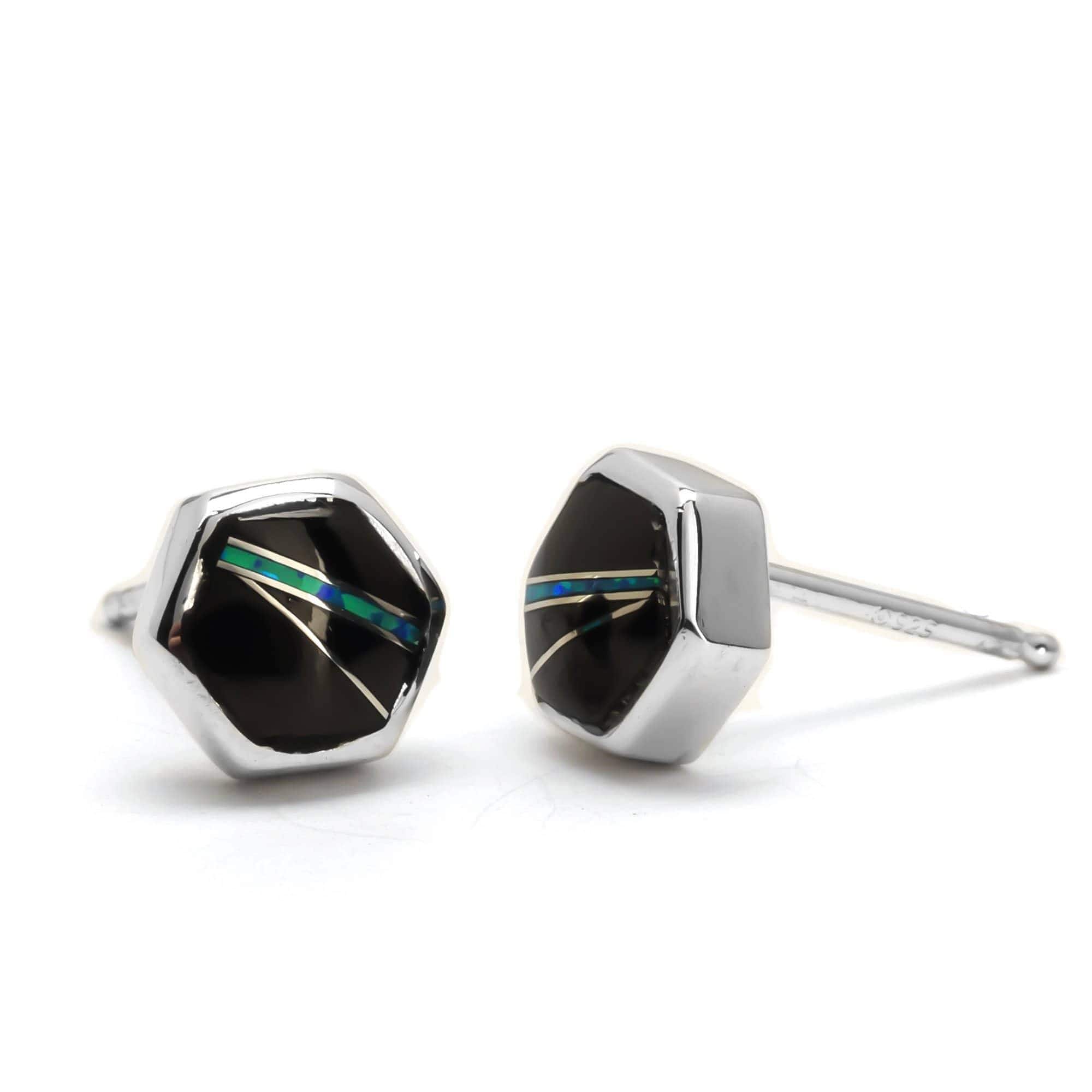 Kalifano Southwest Silver Jewelry Black Onyx Hexagon 925 Sterling Silver Earring with Stud Backing USA Handmade with Aqua Opal Accent NME.0645.BO