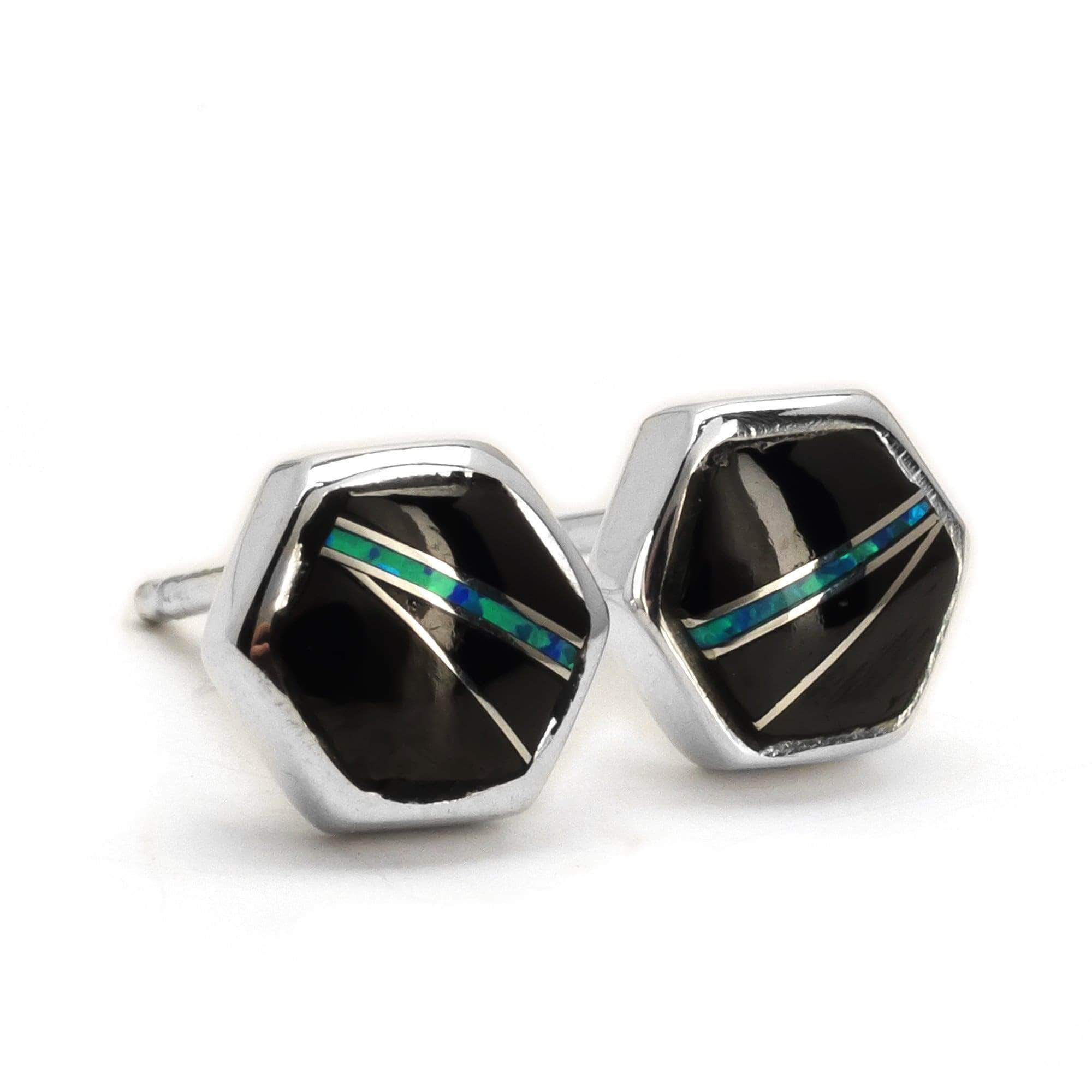 Kalifano Southwest Silver Jewelry Black Onyx Hexagon 925 Sterling Silver Earring with Stud Backing USA Handmade with Aqua Opal Accent NME.0645.BO