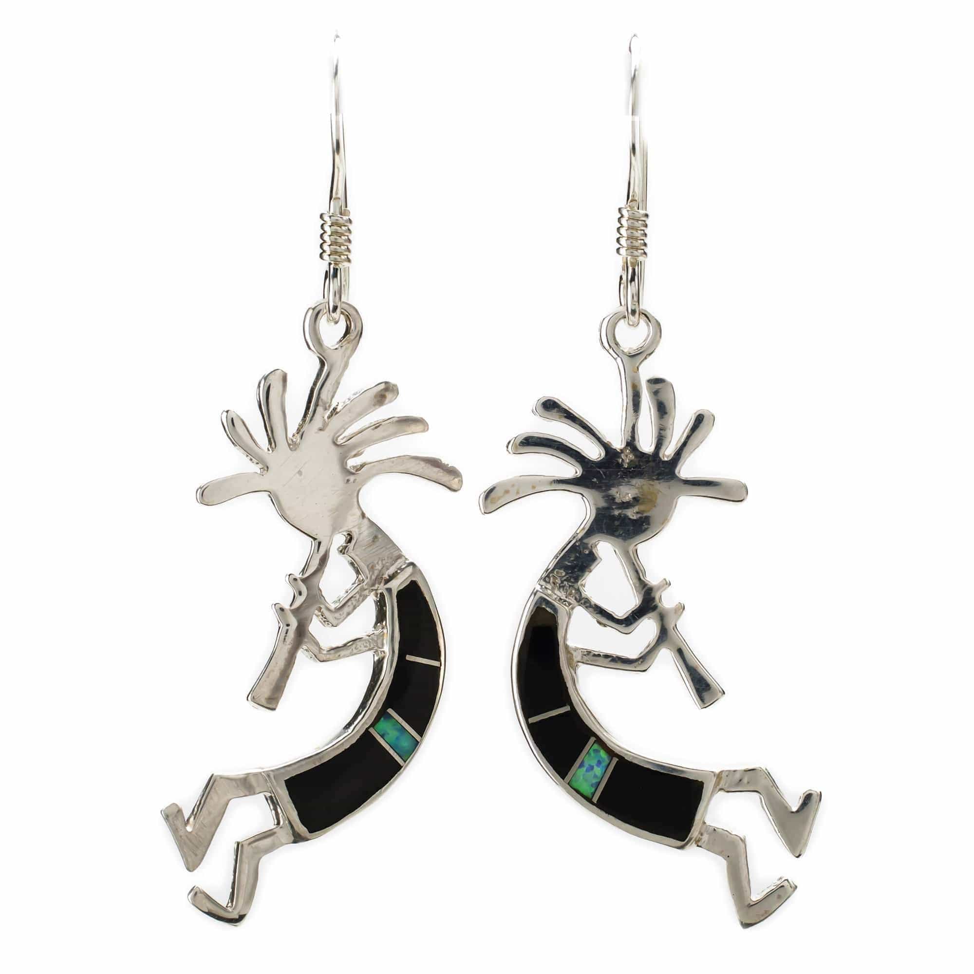 Kalifano Southwest Silver Jewelry Black Onyx Kokopelli 925 Sterling Silver Earring with French Hook USA Handmade with Aqua Opal Accent NME.0441.BO