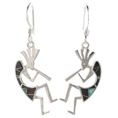Kalifano Southwest Silver Jewelry Black Onyx Kokopelli 925 Sterling Silver Earring with French Hook USA Handmade with Aqua Opal Accent NME.2155.BO