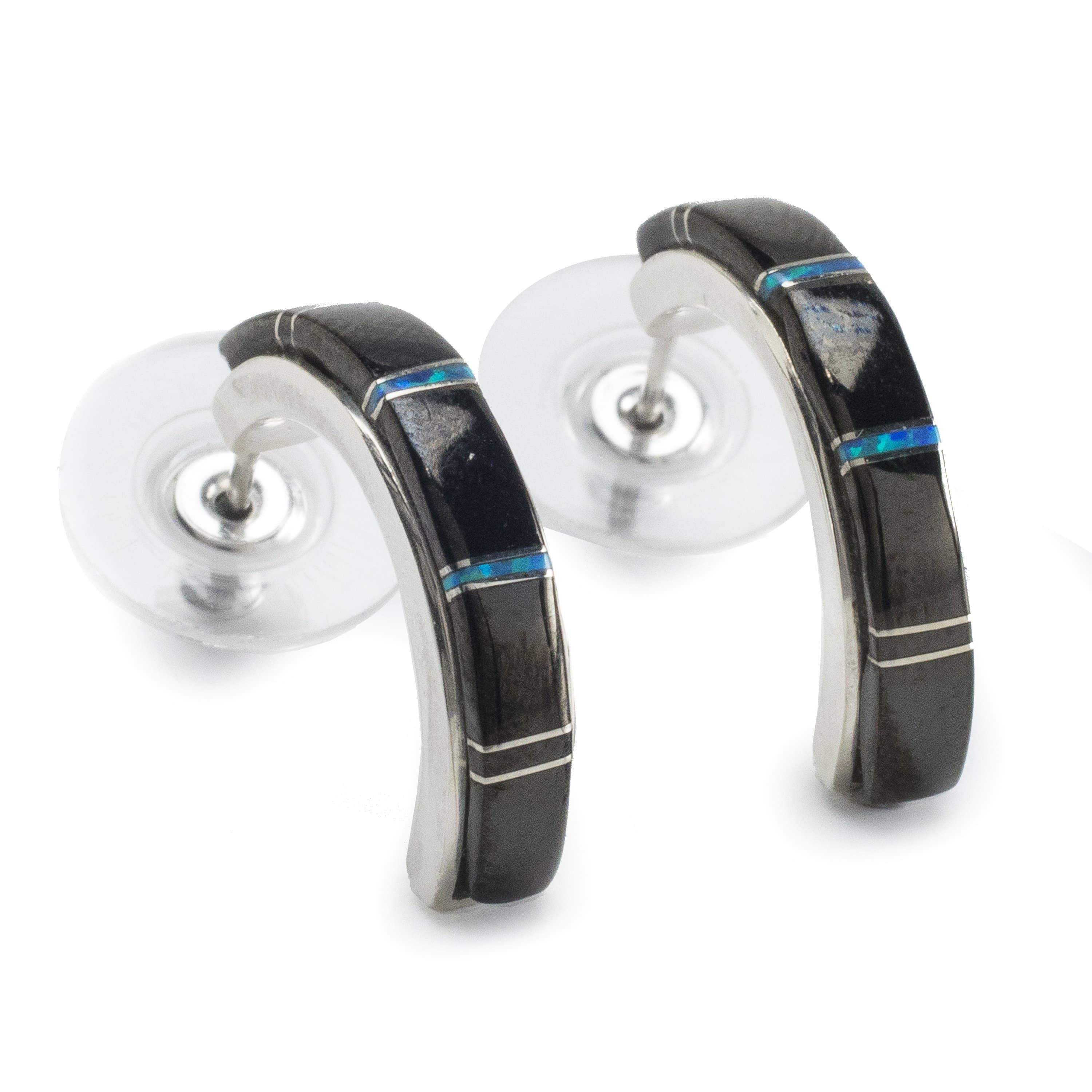 Kalifano Southwest Silver Jewelry Black Onyx Semi Hoop 925 Sterling Silver Earring USA Handmade with Opal Accent NME.0406.BO