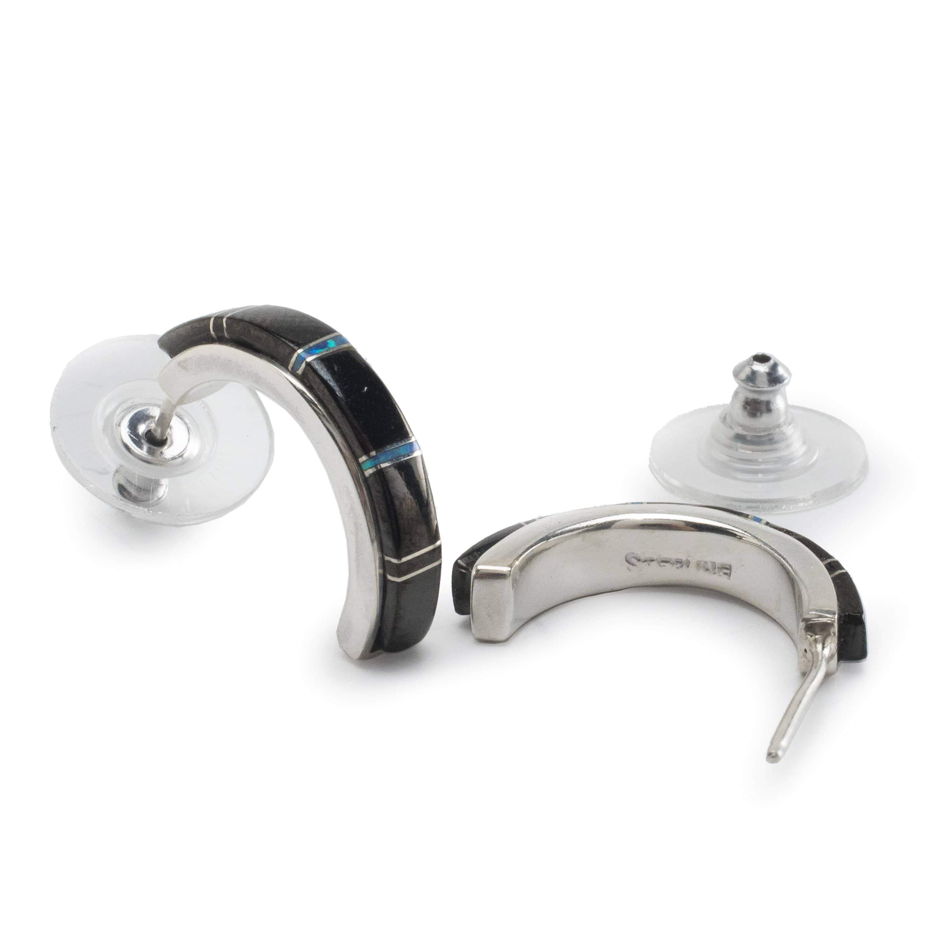 Kalifano Southwest Silver Jewelry Black Onyx Semi Hoop 925 Sterling Silver Earring USA Handmade with Opal Accent NME.0406.BO