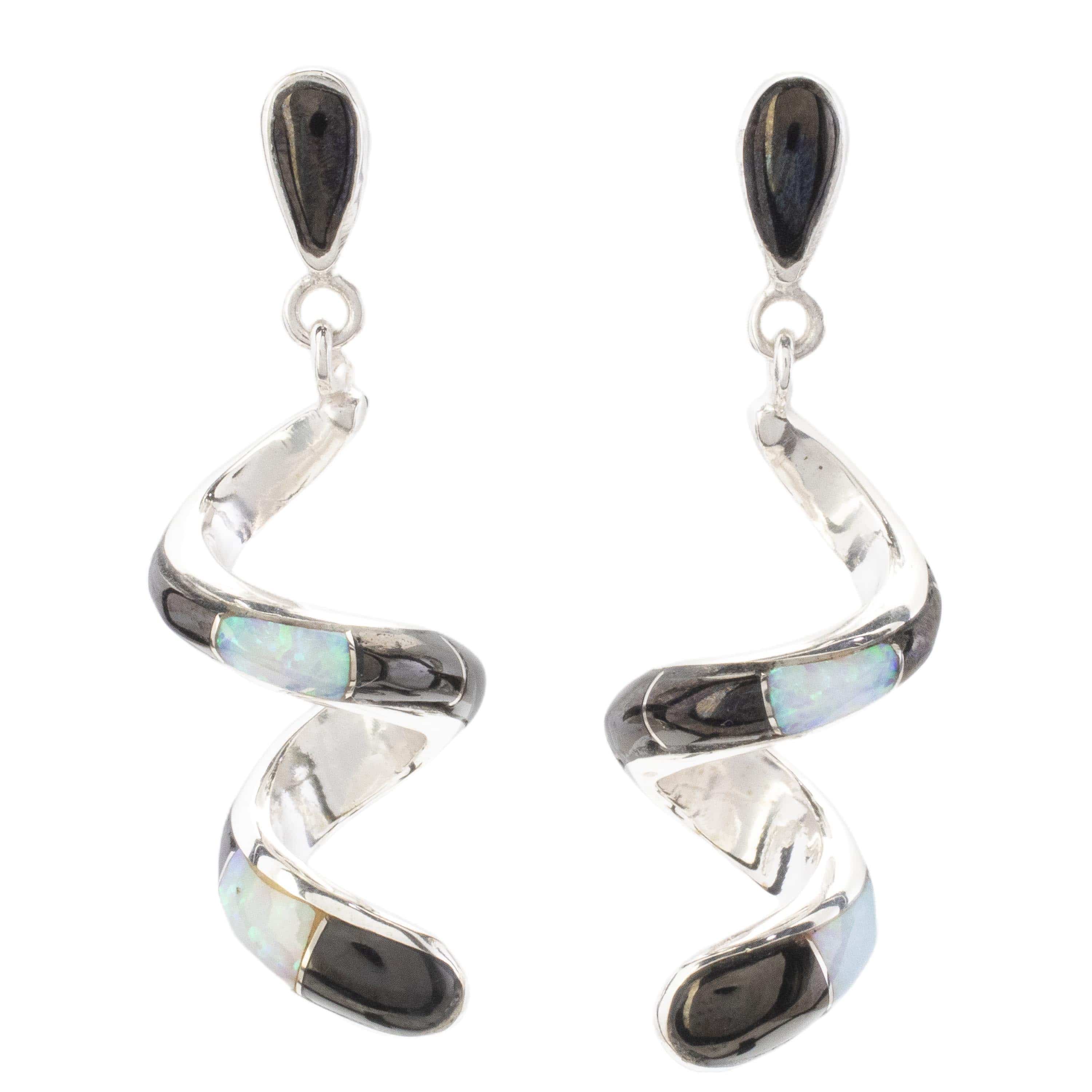 KALIFANO Southwest Silver Jewelry Black Onyx Spiral Sterling Silver Earrings with Stud Backing USA Handmade with Opal Accent NME.0416.BO