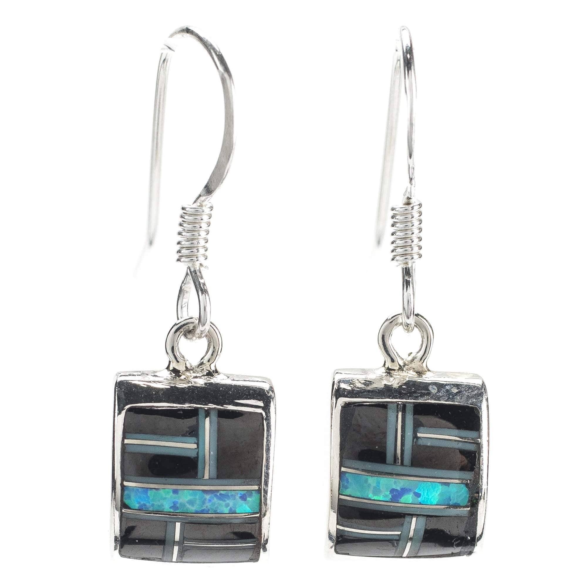 Kalifano Southwest Silver Jewelry Black Onyx Square 925 Sterling Silver Earring with French Hook USA Handmade with Aqua Opal Accent NME.1116.BO