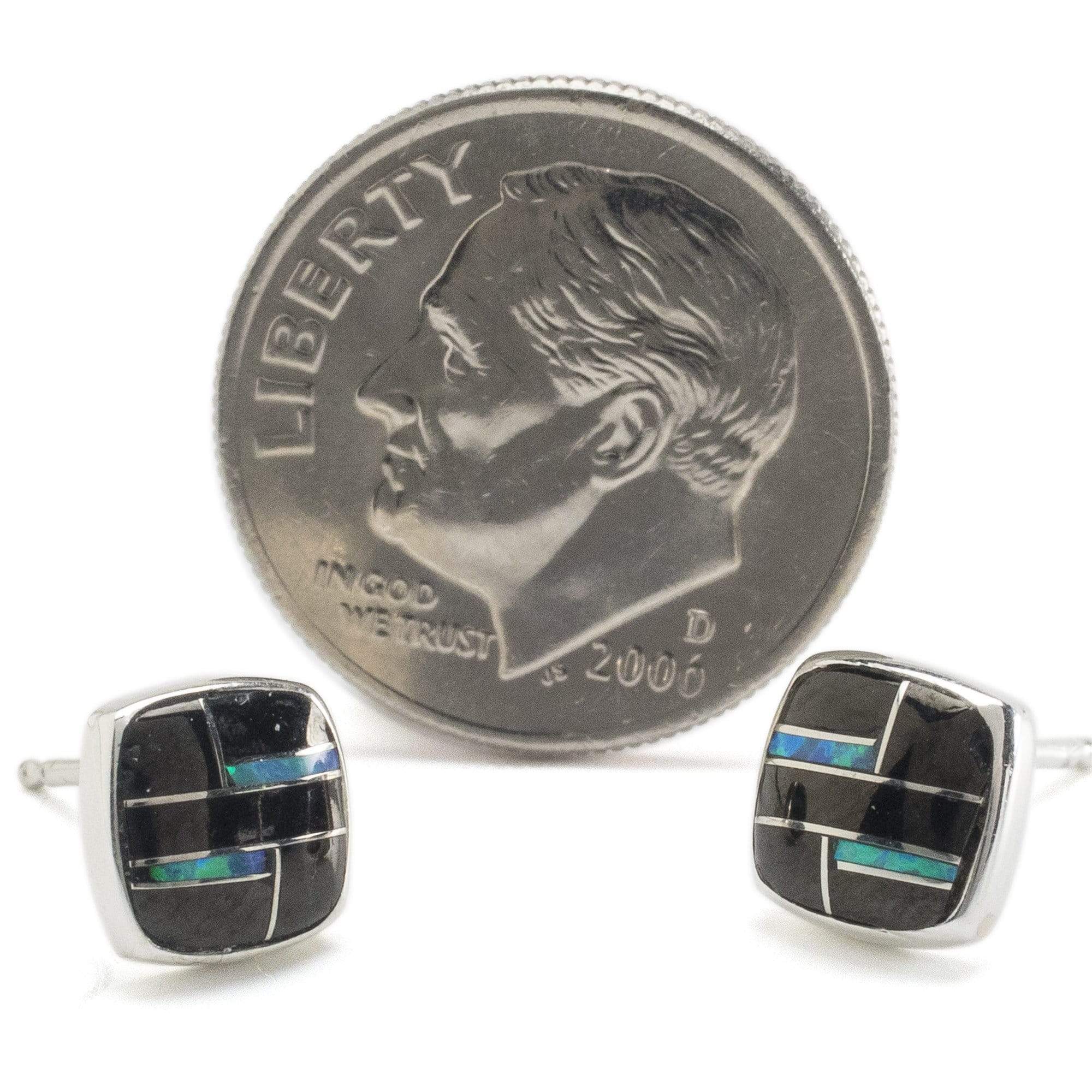 Kalifano Southwest Silver Jewelry Black Onyx Square 925 Sterling Silver Earring with Stud Backing USA Handmade with Opal Accent NME.2241.BO