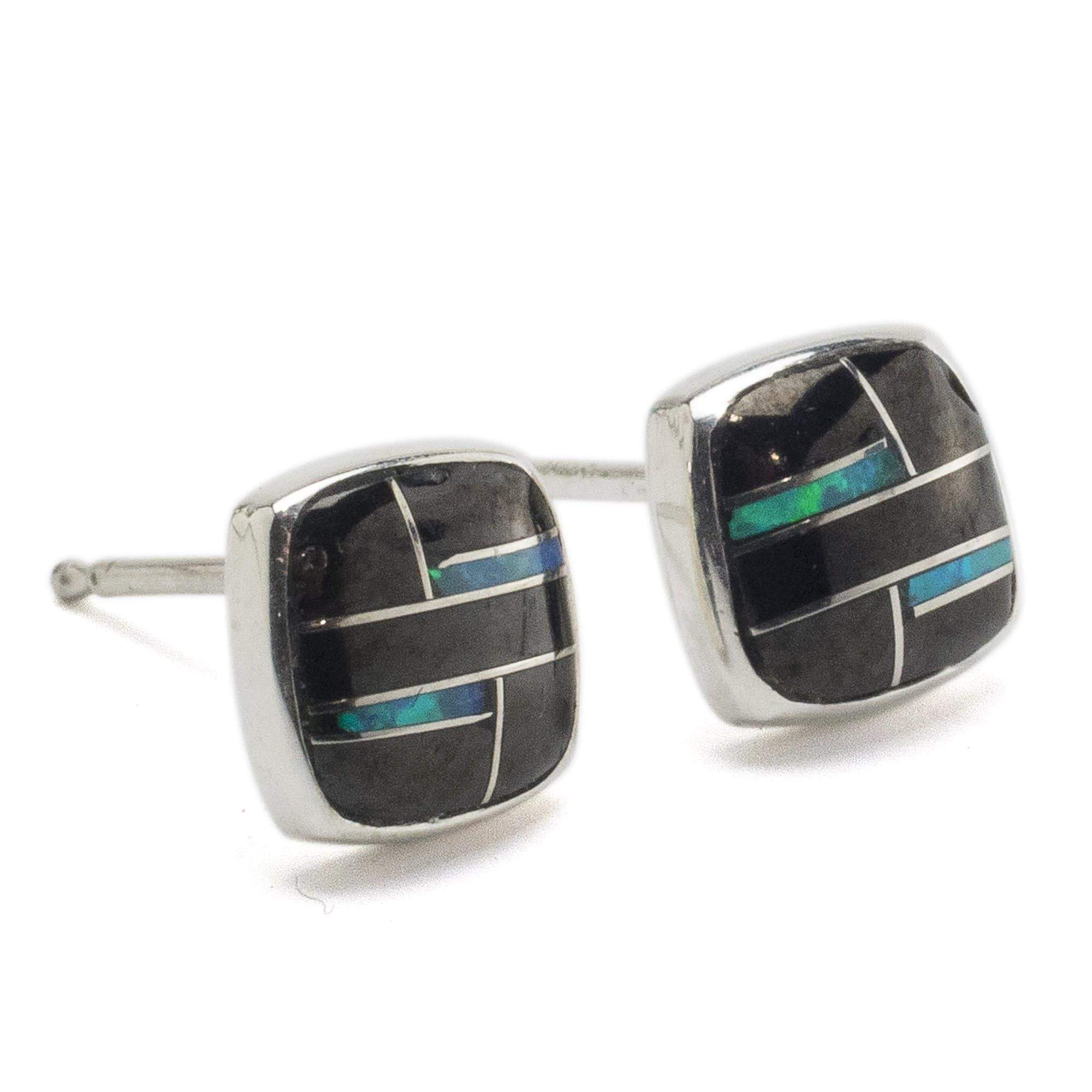 Kalifano Southwest Silver Jewelry Black Onyx Square 925 Sterling Silver Earring with Stud Backing USA Handmade with Opal Accent NME.2241.BO