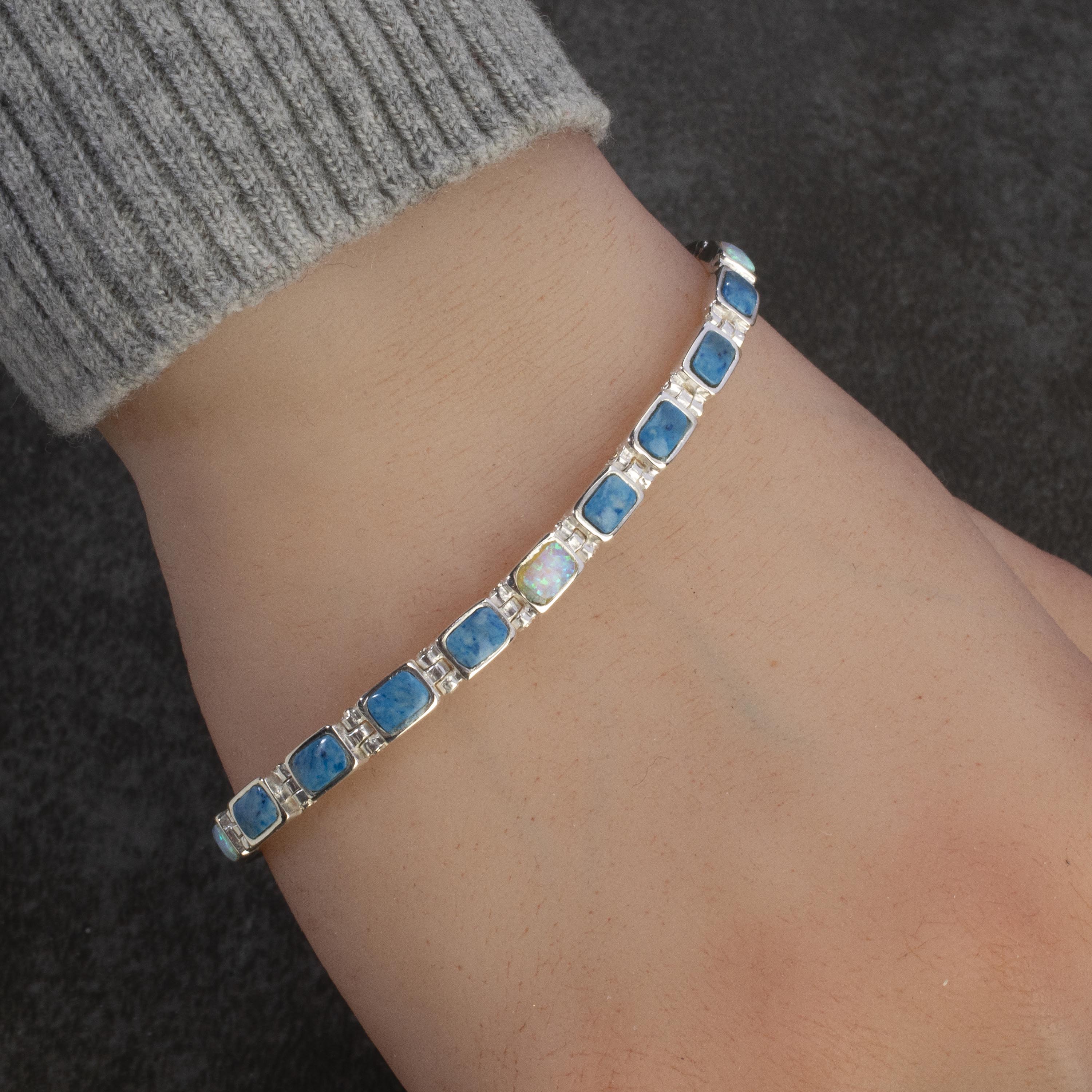 KALIFANO Southwest Silver Jewelry Denim Lapis 925 Sterling Silver Bracelet USA Handmade with Opal Accent NMB.0207.DL