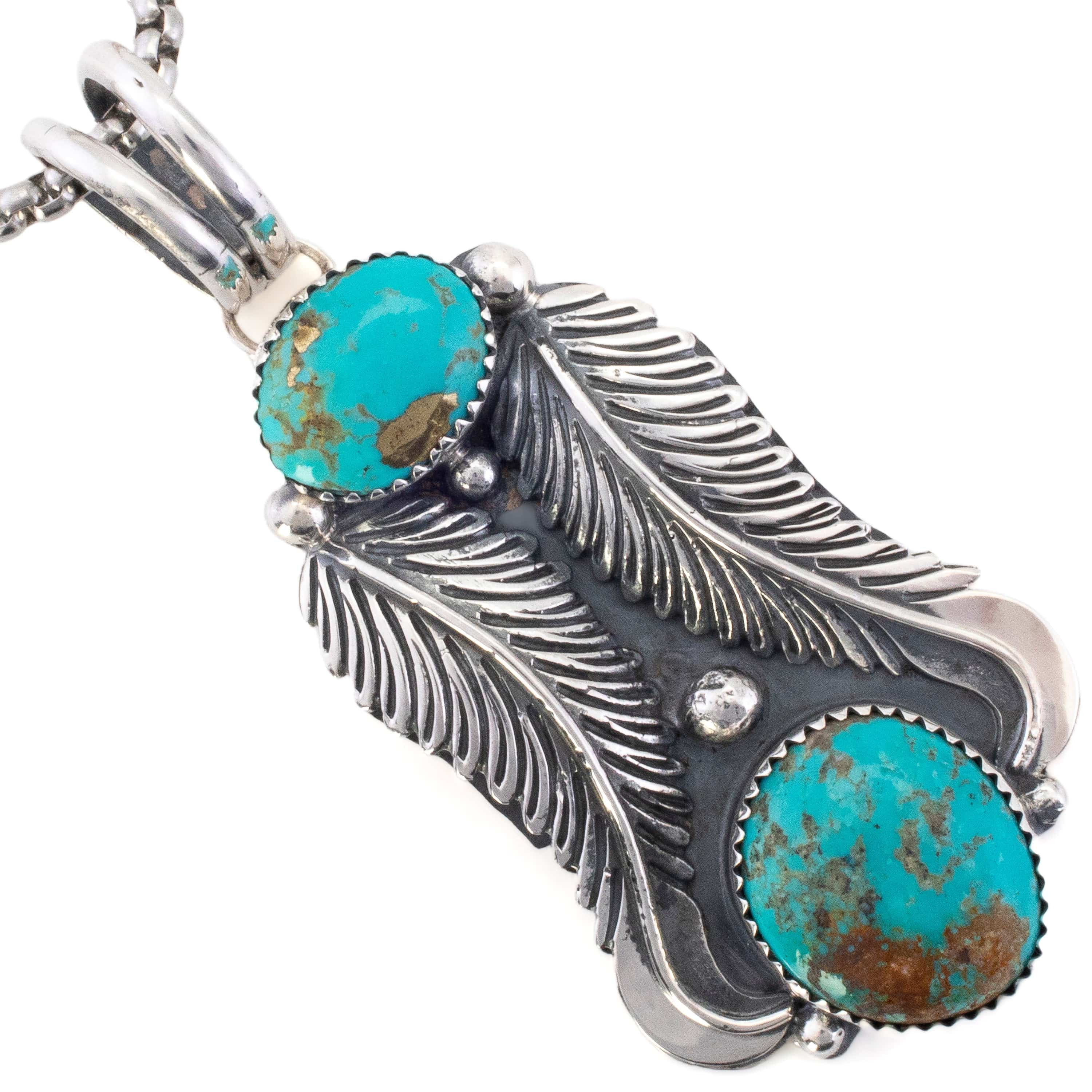 Kalifano Southwest Silver Jewelry Kingman Turquoise Feather USA Handmade 925 Sterling Silver Pendant NMN700.001