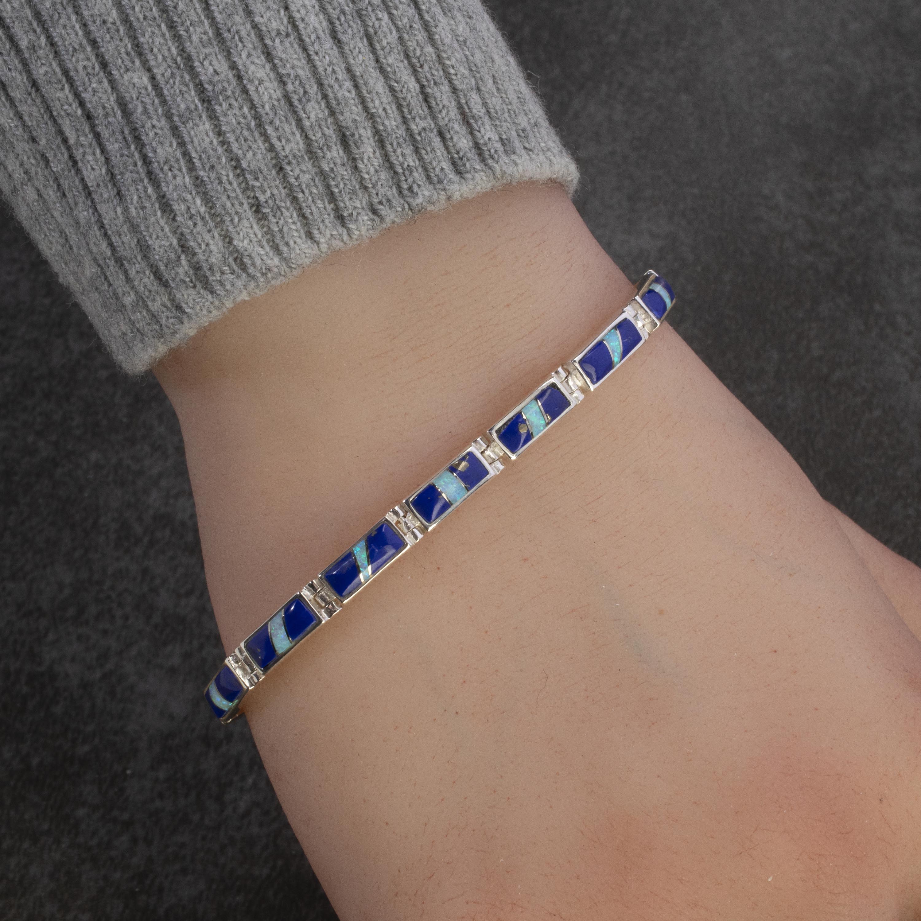 Kalifano Southwest Silver Jewelry Lapis 925 Sterling Silver Bracelet USA Handmade with Opal Accent NMB.0224.LP