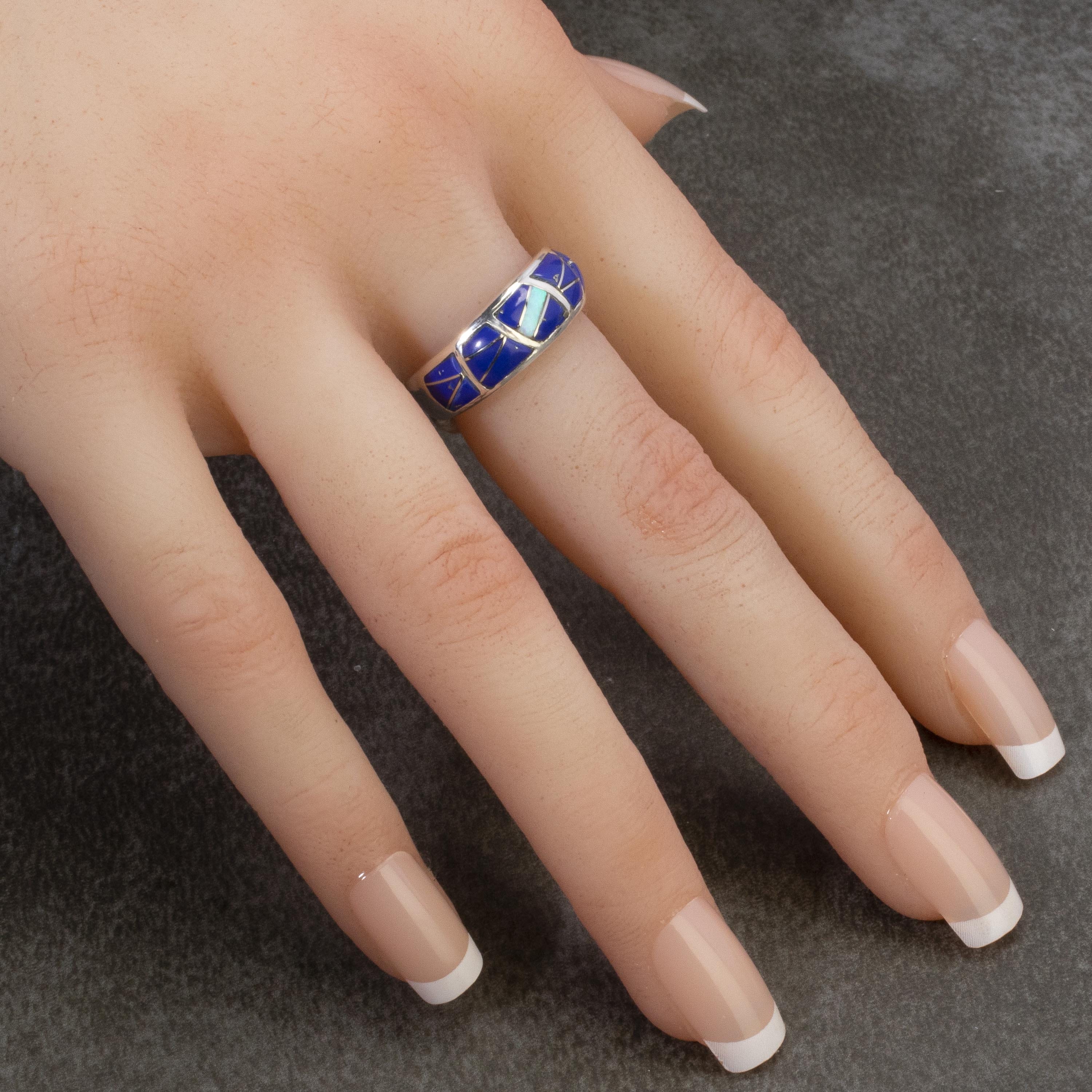 Kalifano Southwest Silver Jewelry Lapis 925 Sterling Silver Ring Handmade with Laboratory Opal Accent