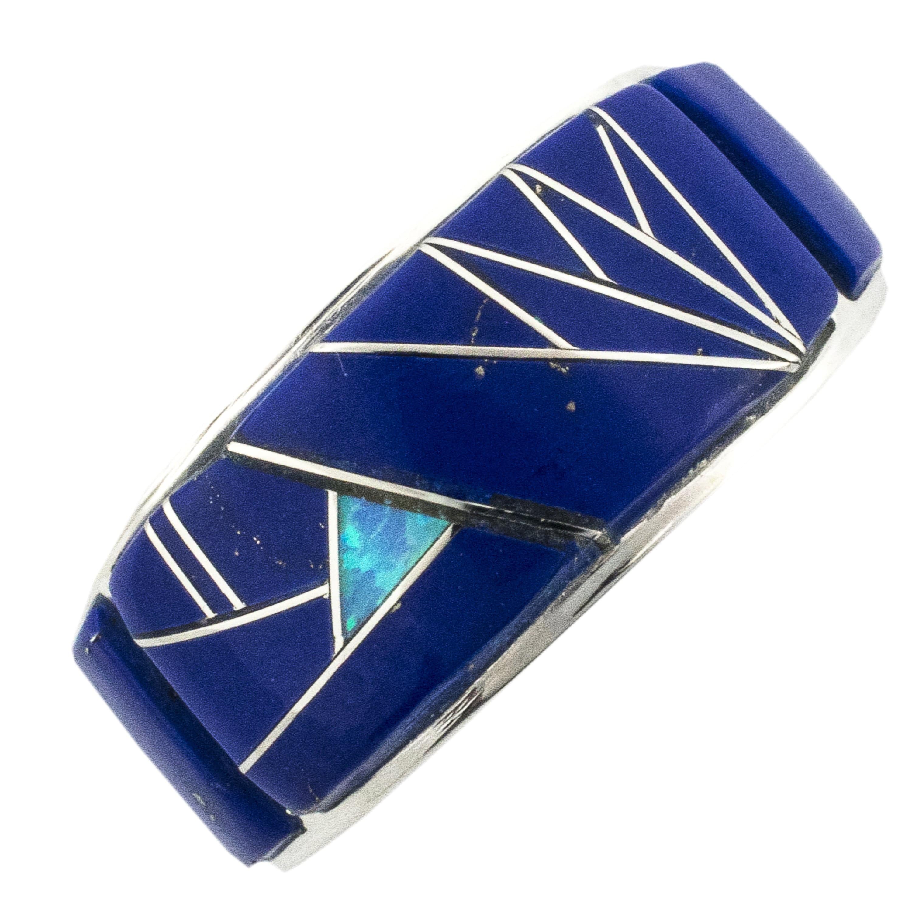 Kalifano Southwest Silver Jewelry Lapis 925 Sterling Silver Ring USA Handmade with Laboratory Opal Accent