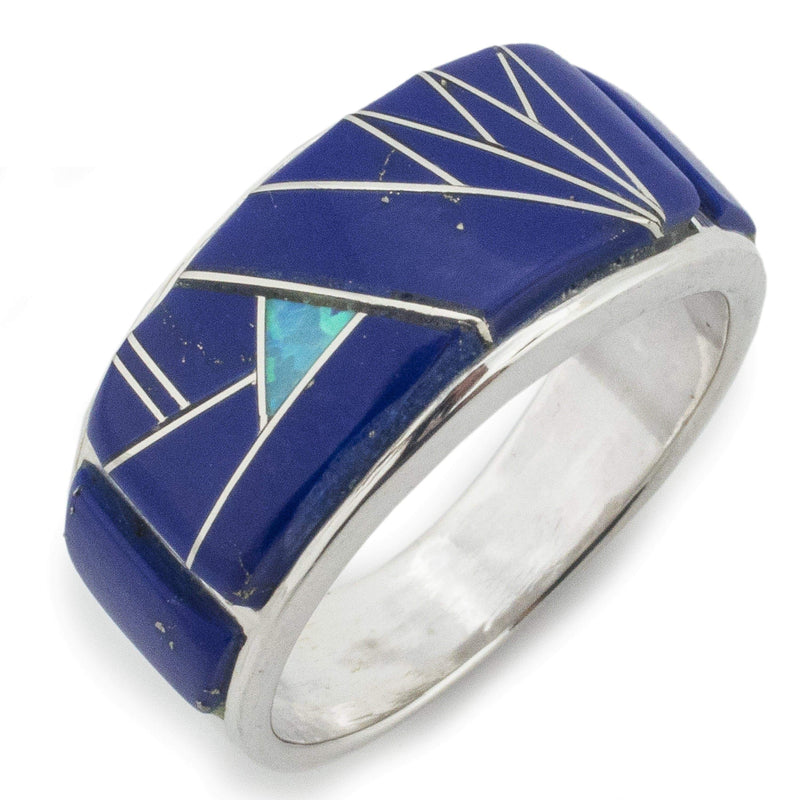 Kalifano Southwest Silver Jewelry Lapis 925 Sterling Silver Ring USA Handmade with Laboratory Opal Accent